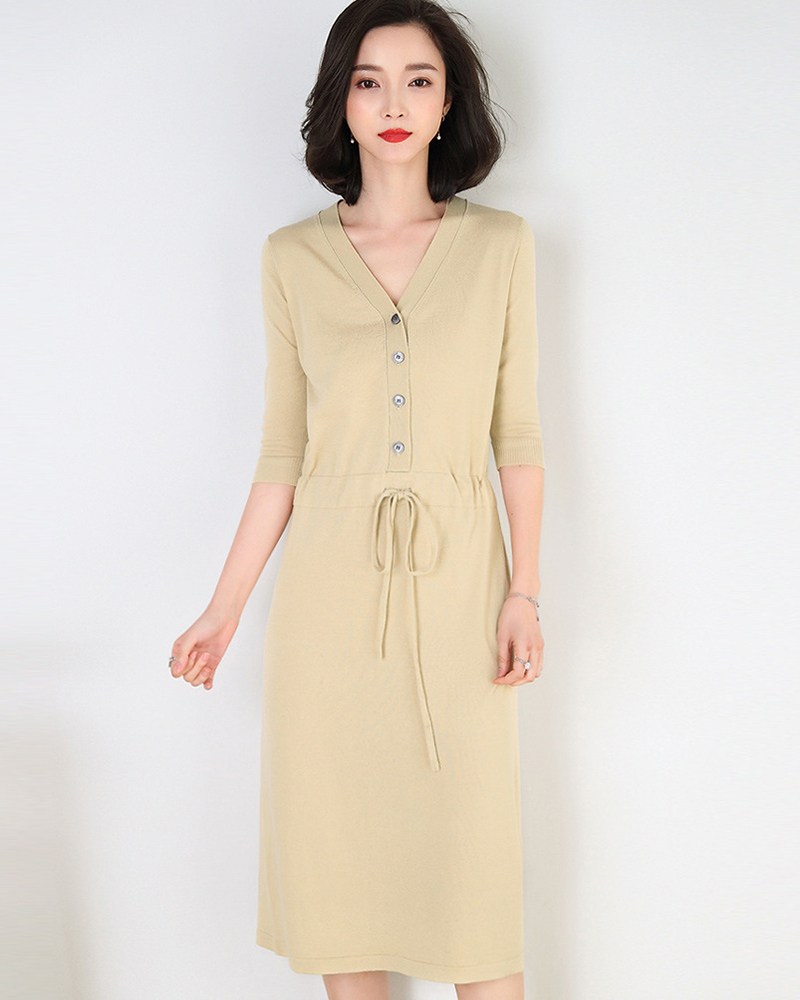 黃駝L【零碼出清不退換】開襟排釦抽繩針織洋裝