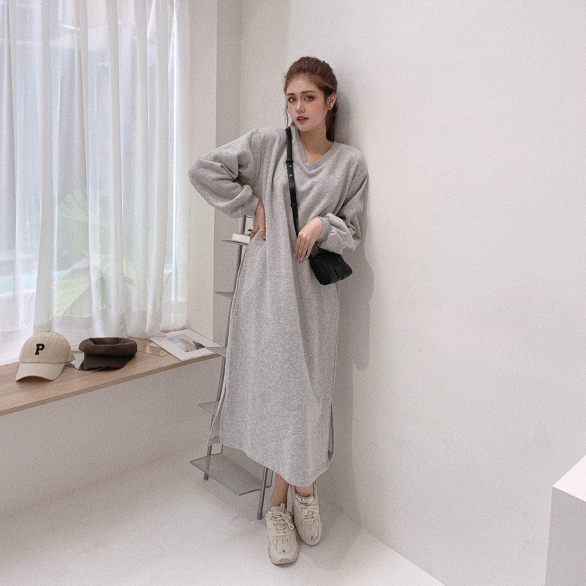 V領內刷毛長版棉質洋裝/二色