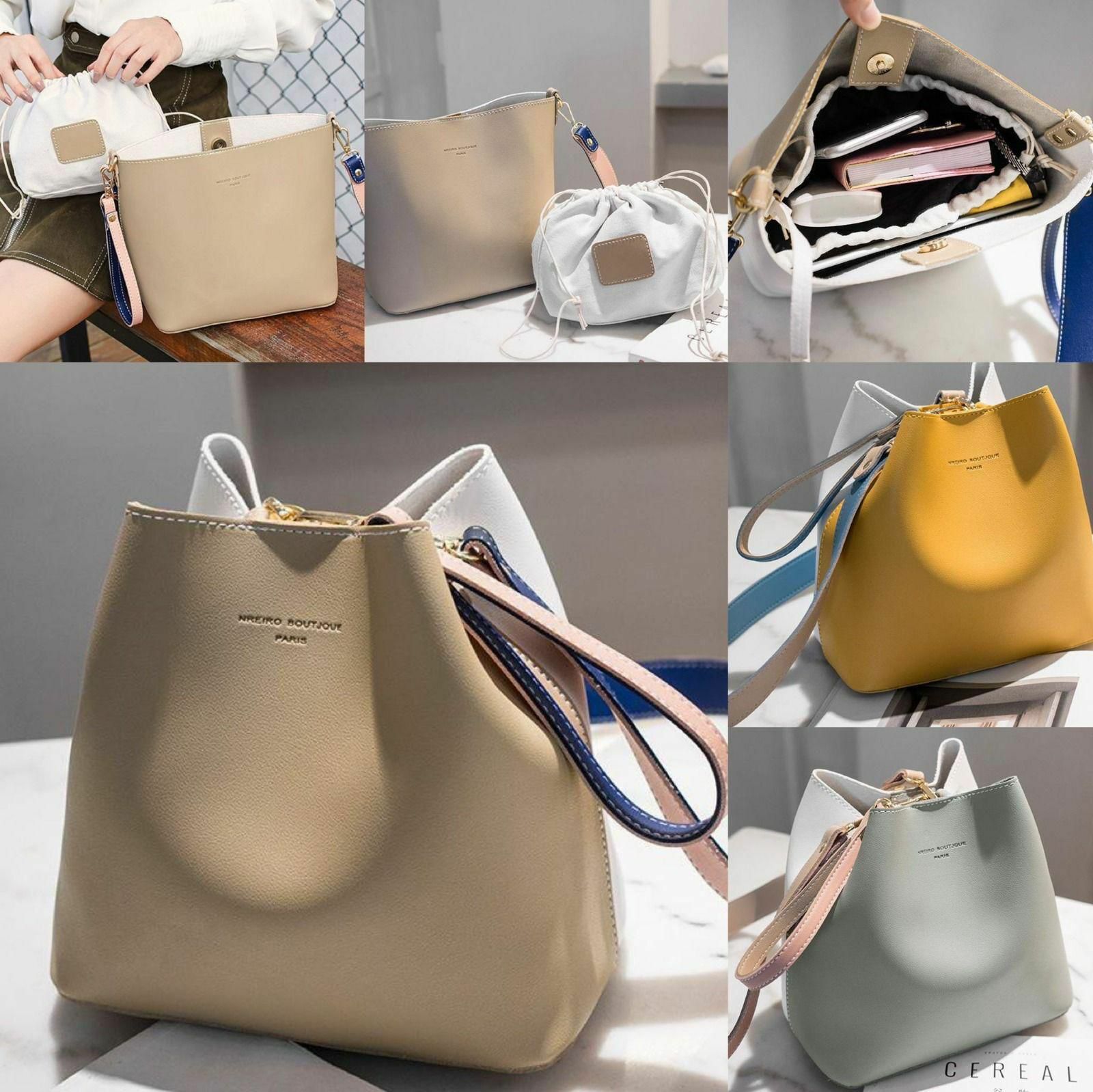 簡約靚靚撞色手提斜揹水桶袋