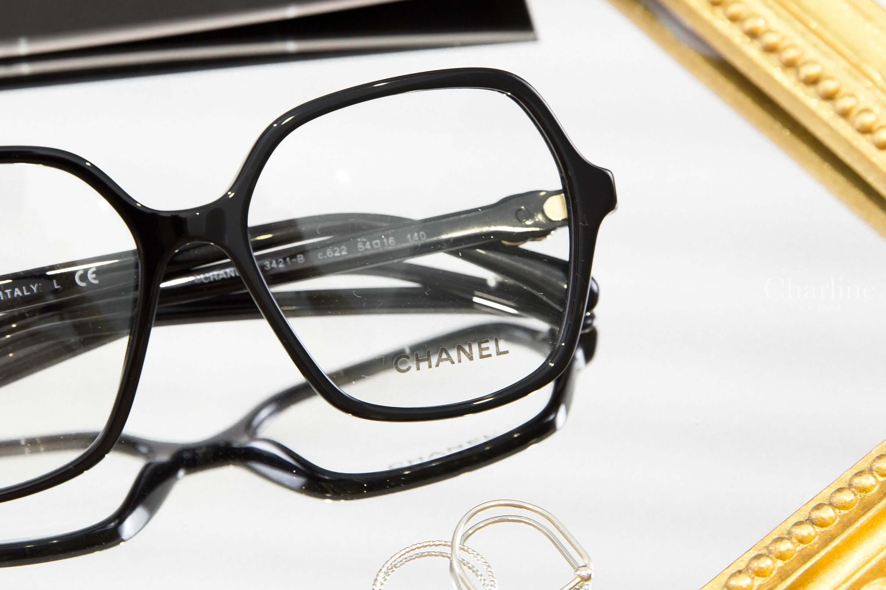 Chanel Butterfly Sunglasses 黑色蝴蝶形側邊黑金水鑽皮穿鍊CC平光眼鏡