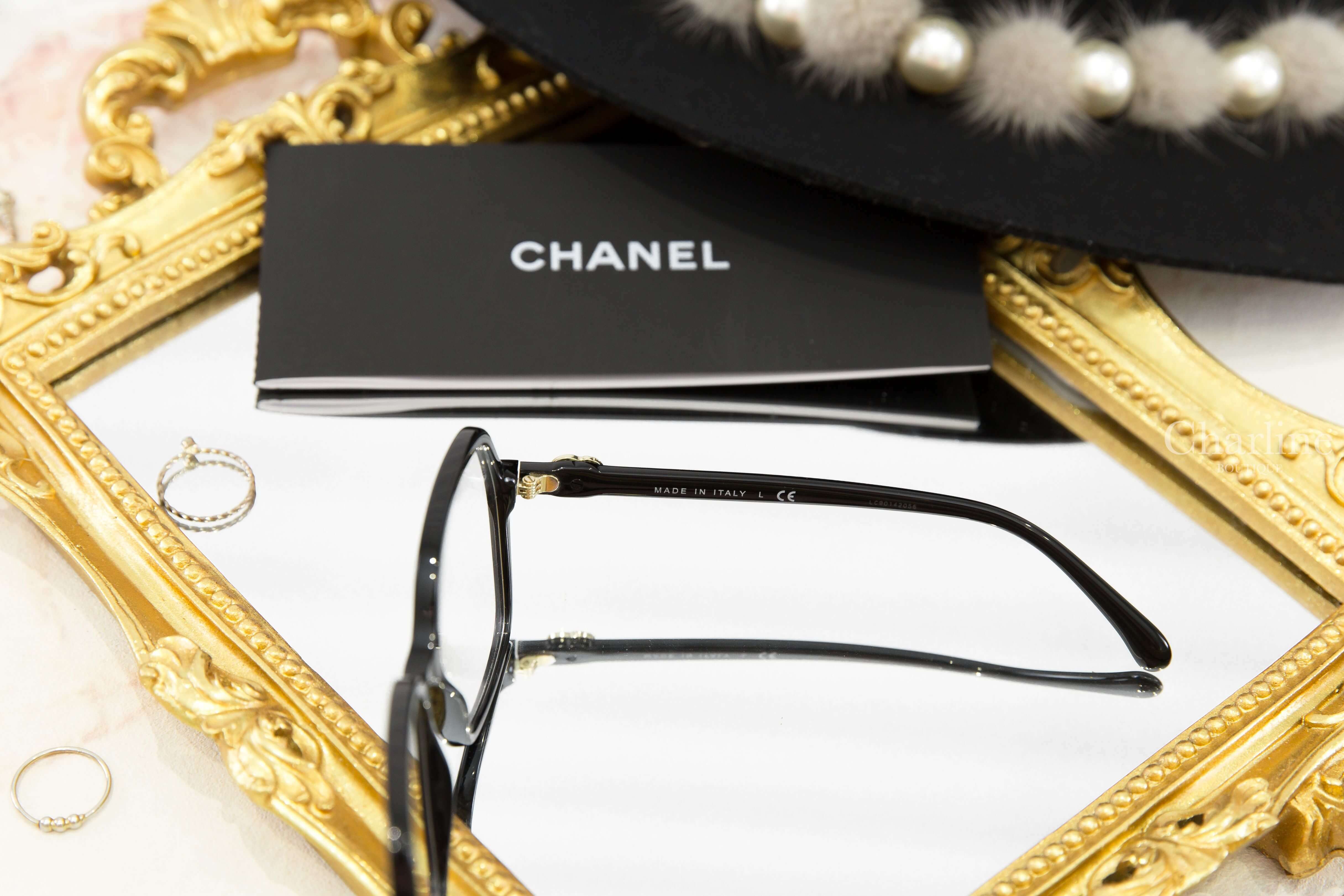 Chanel Butterfly Sunglasses 黑色蝴蝶形側邊黑金水鑽皮穿鍊CC平光眼鏡-Charline Boutique 精品代購