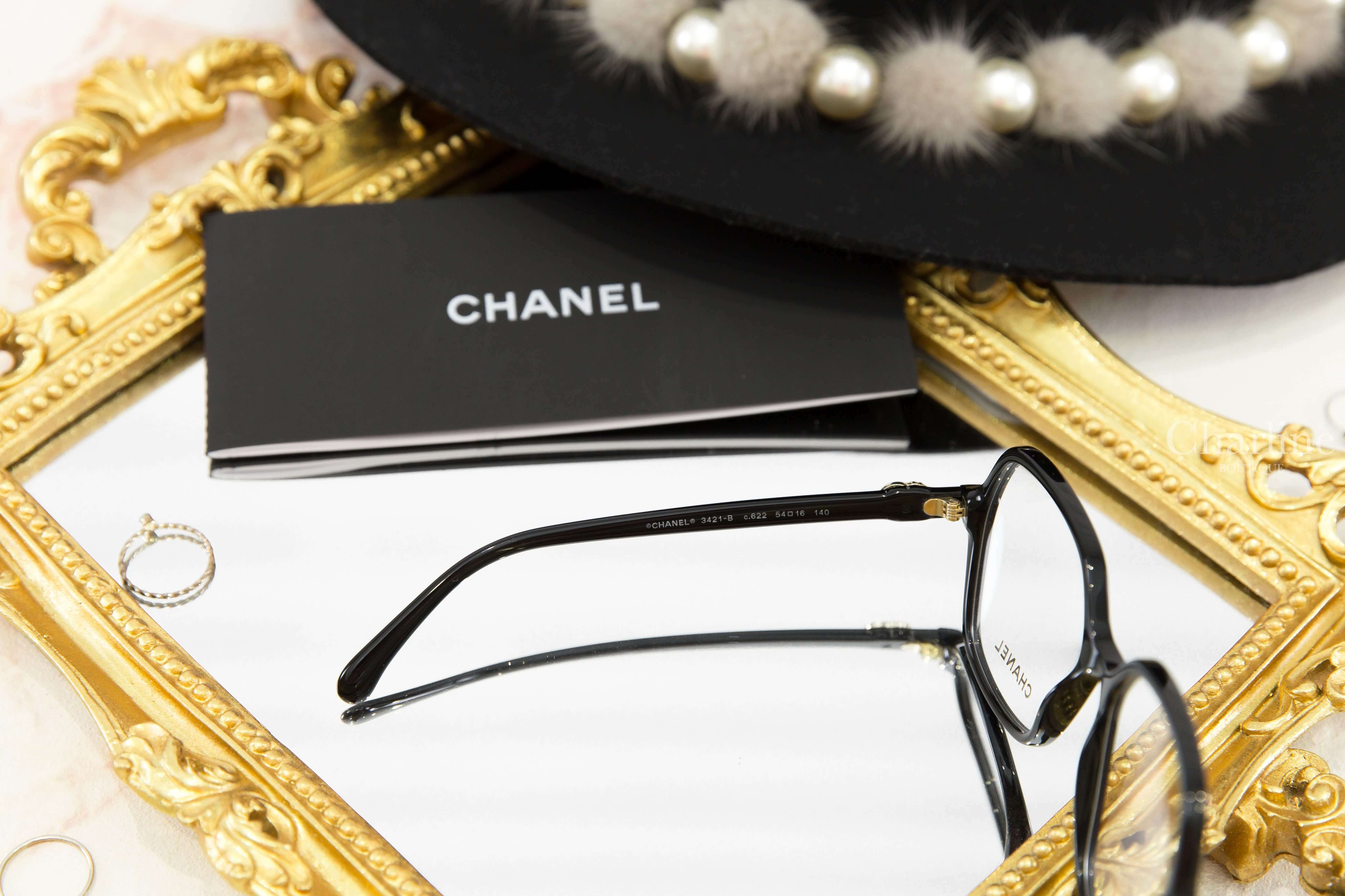 Chanel Butterfly Sunglasses 黑色蝴蝶形側邊黑金水鑽皮穿鍊CC平光眼鏡-Charline Boutique 精品代購