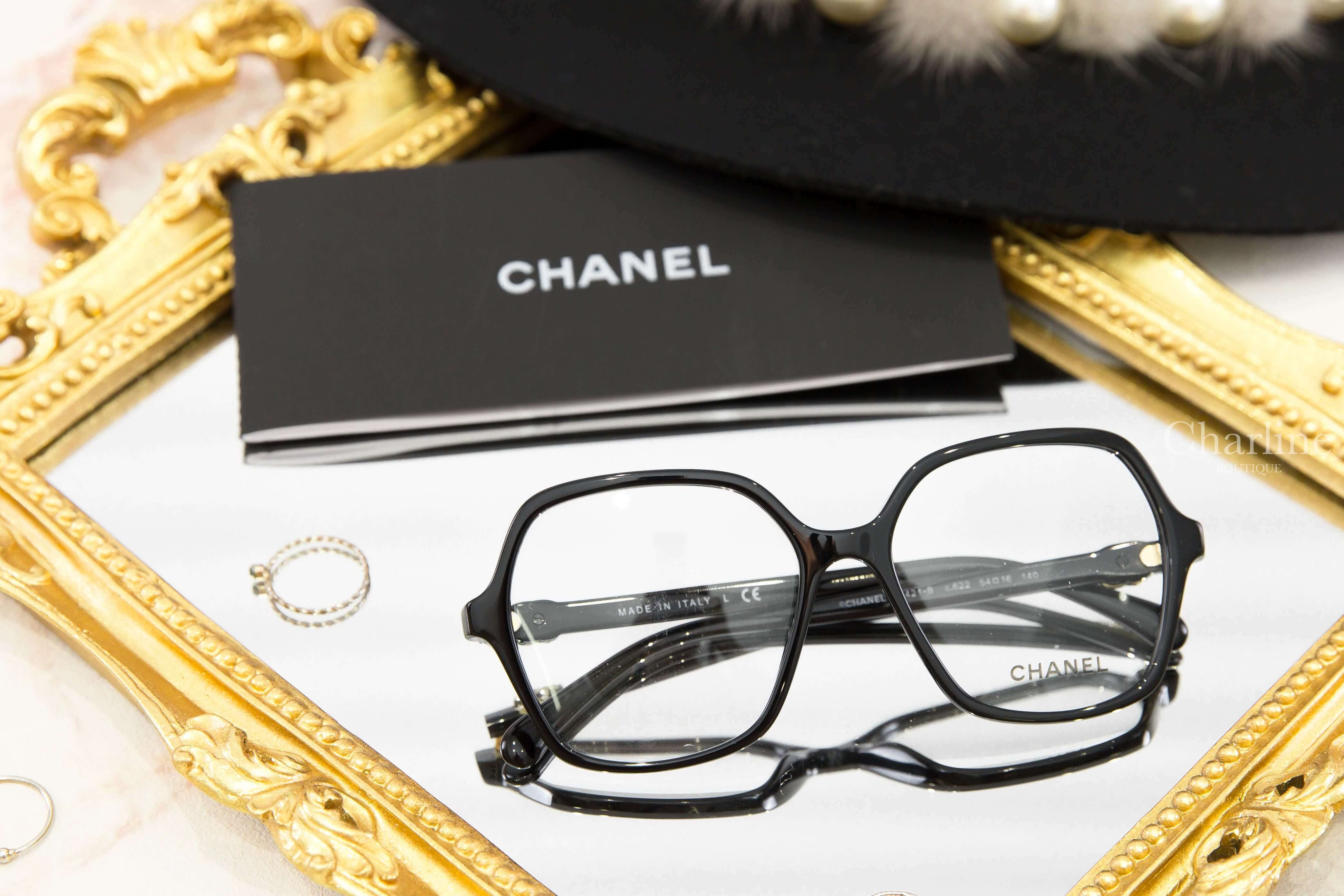Chanel Butterfly Sunglasses 黑色蝴蝶形側邊黑金水鑽皮穿鍊CC平光眼鏡