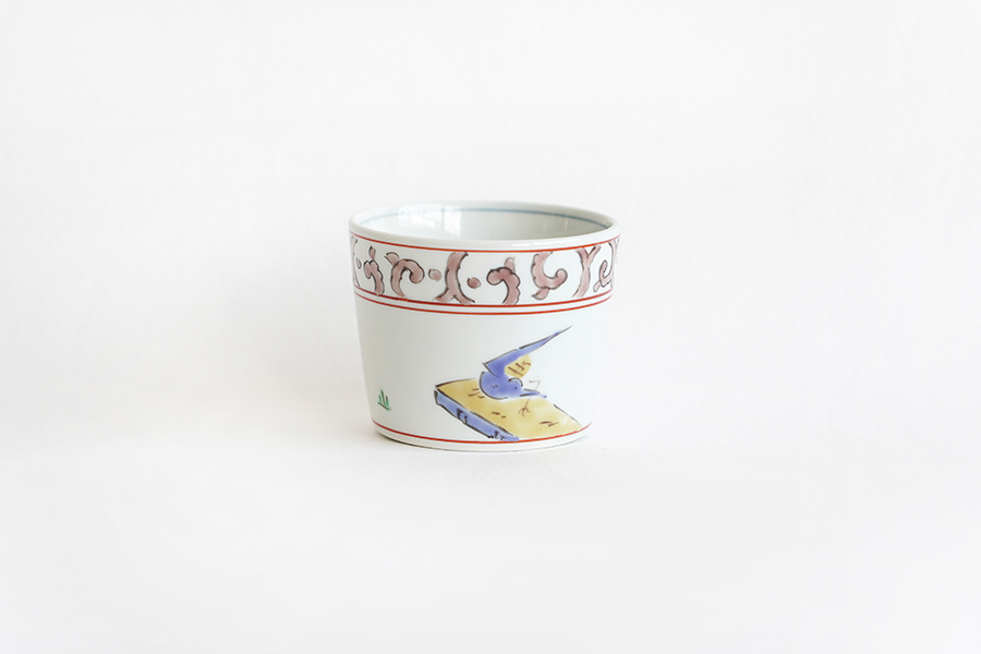 文三窯(三宅製陶所)-渕紫唐草鳥繪蕎麥豬口(大)