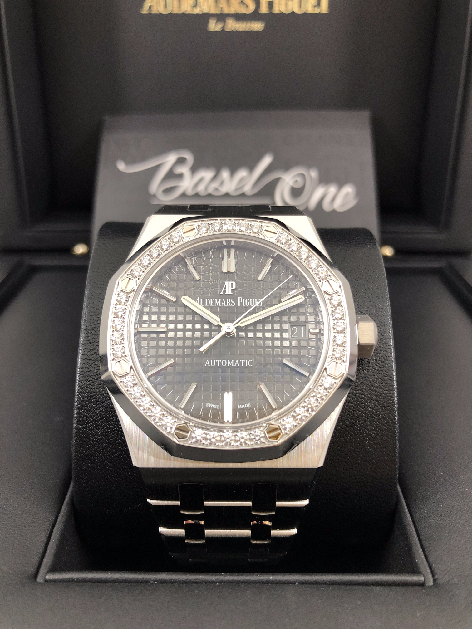 BRAND NEW AUDEMARS PIGUET 15451st 15451 GREY DIAL WITH DIAMOND BEZEL ROYAL OAK SELFWINDING STAINLESS STEEL 37mm