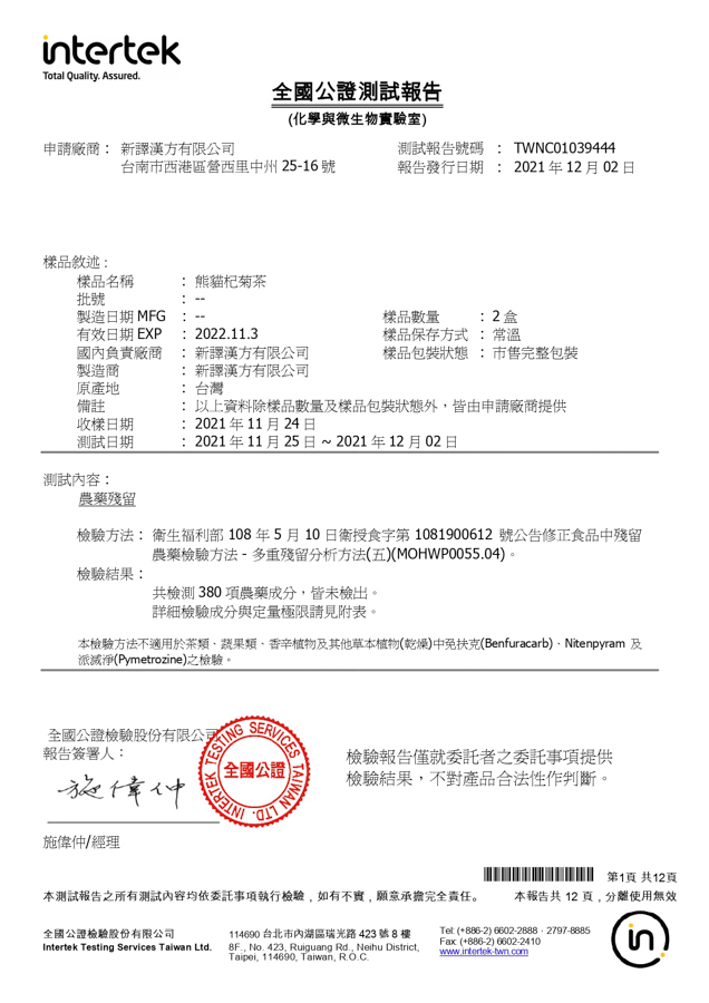 熊貓杞菊茶檢驗報告｜新譯漢方