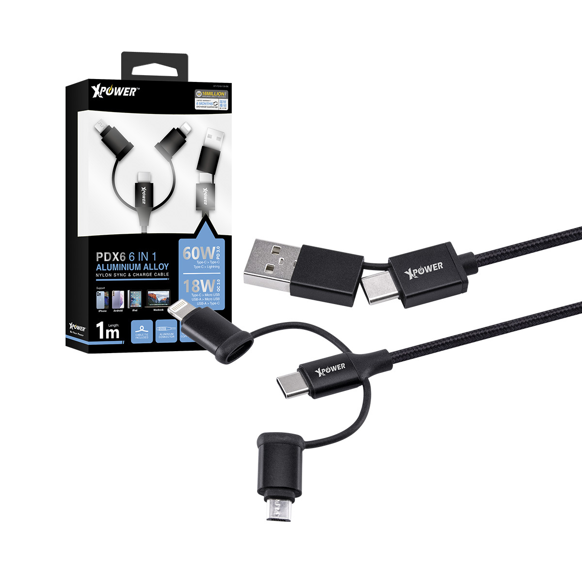 XPower PDX6 6合1 60W PD3.0 鋁合金傳輸充電線