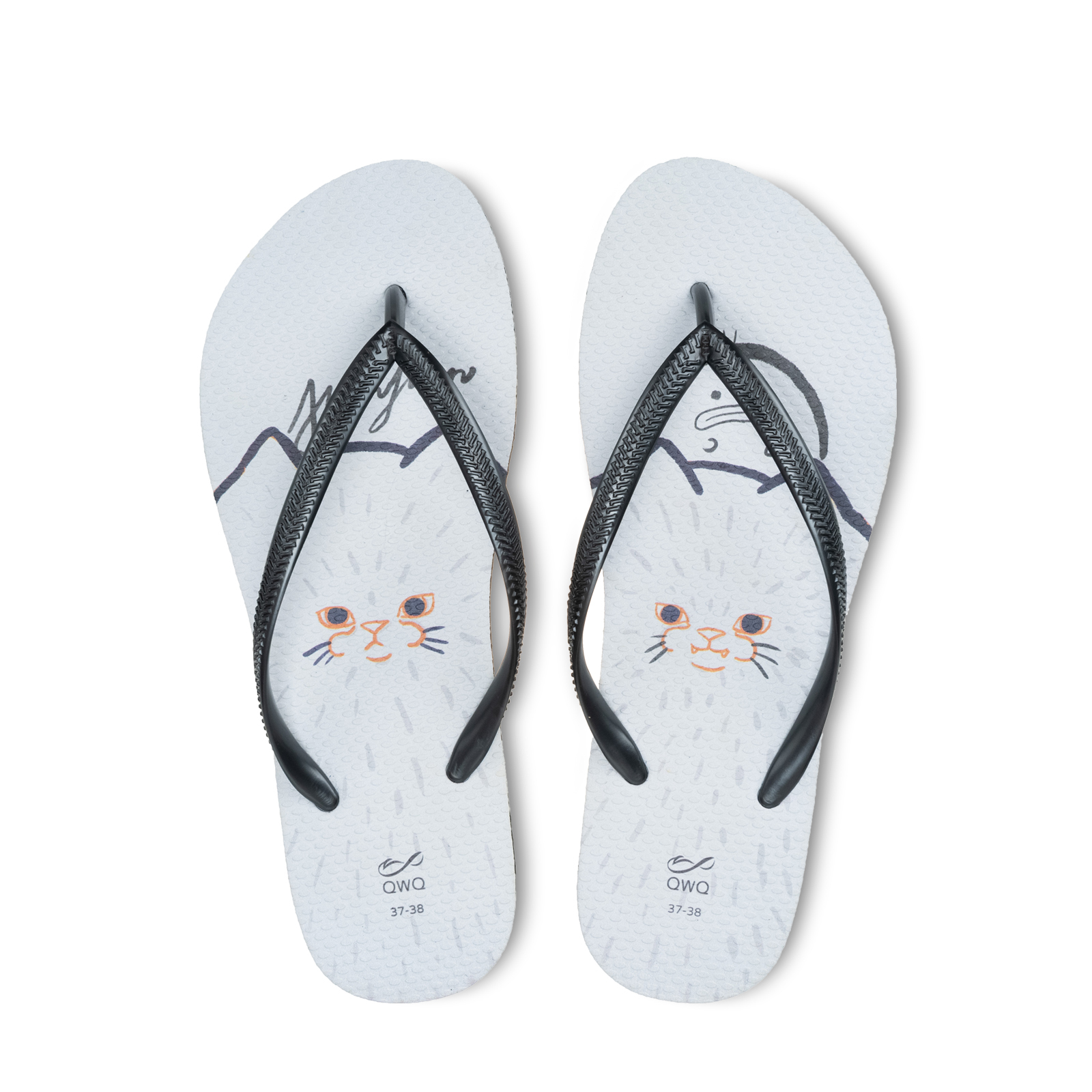 憨憨動物園 毛茸茸雪球 女款細帶人字夾腳拖鞋 曜石黑