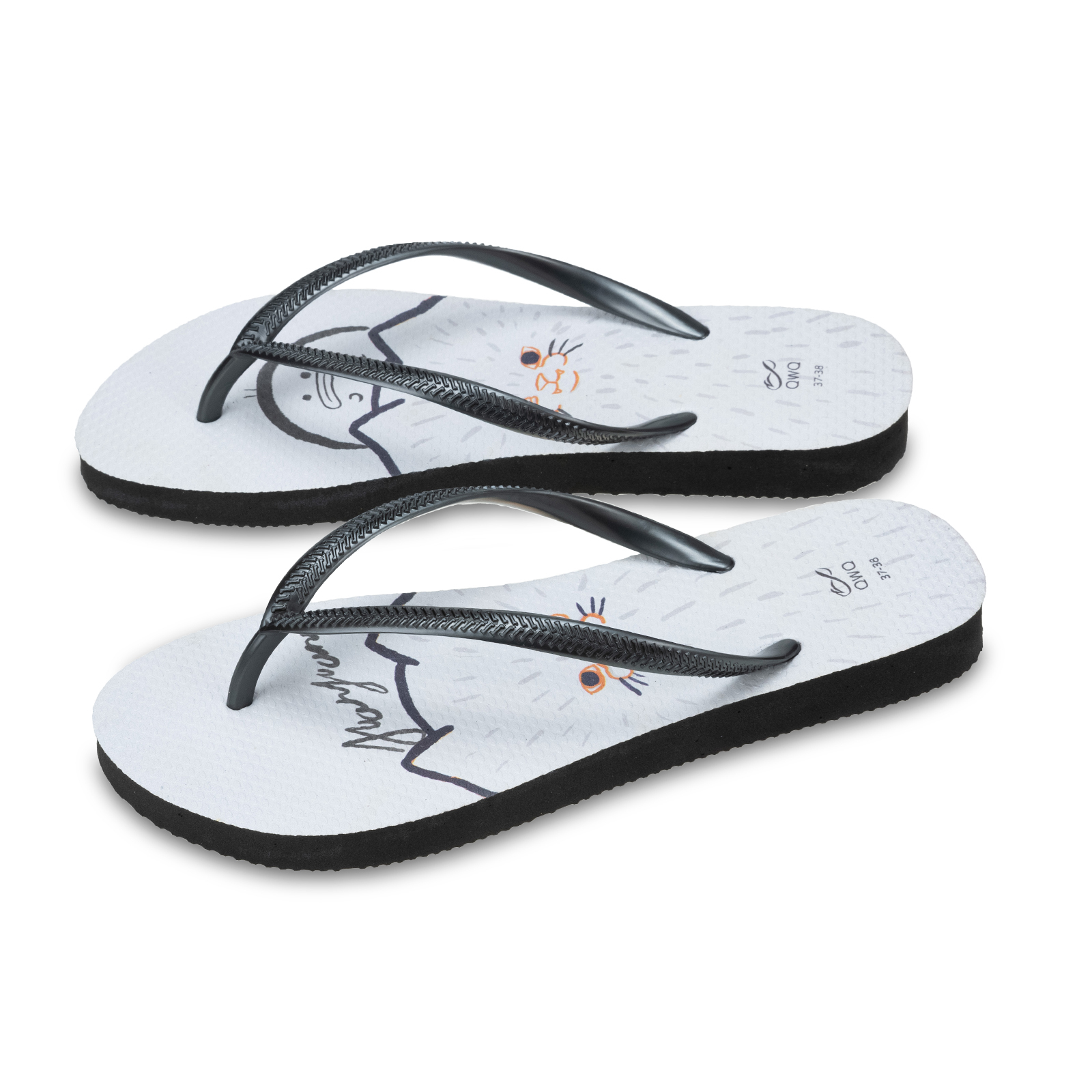 憨憨動物園 毛茸茸雪球 女款細帶人字夾腳拖鞋 曜石黑