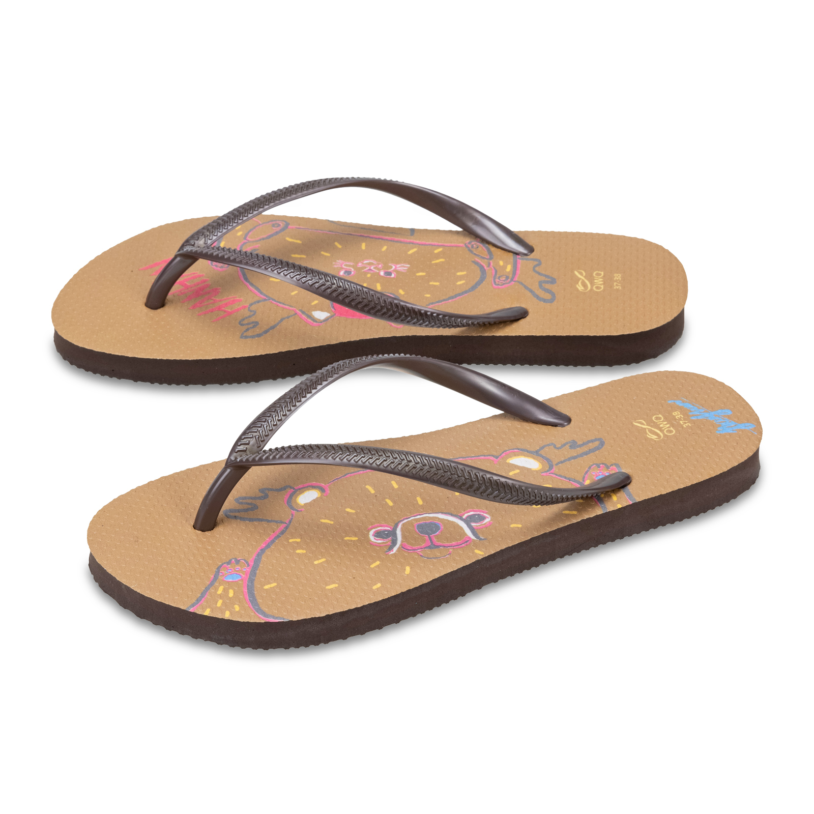 憨憨動物園 熊熊好碰友 女款細帶人字夾腳拖鞋 焦糖棕