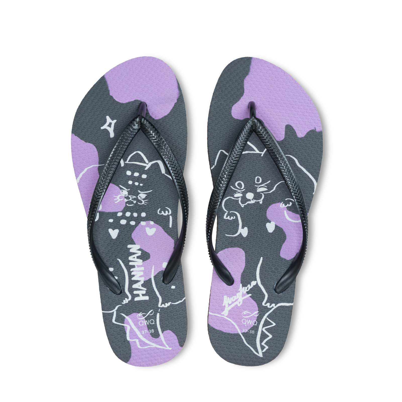 憨憨動物園 肥肥大壞壞 女款細帶人字夾腳拖鞋 曜石黑