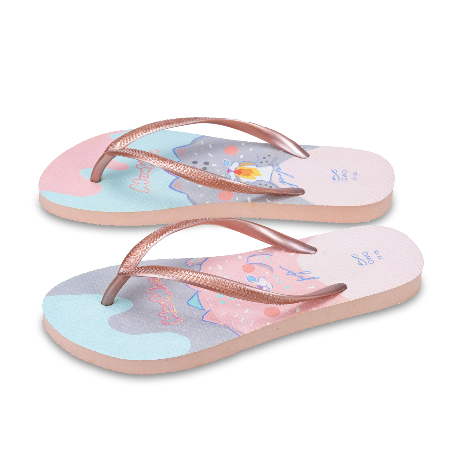 憨憨動物園 貓籠好胖友 女款細帶人字夾腳拖鞋 粉金