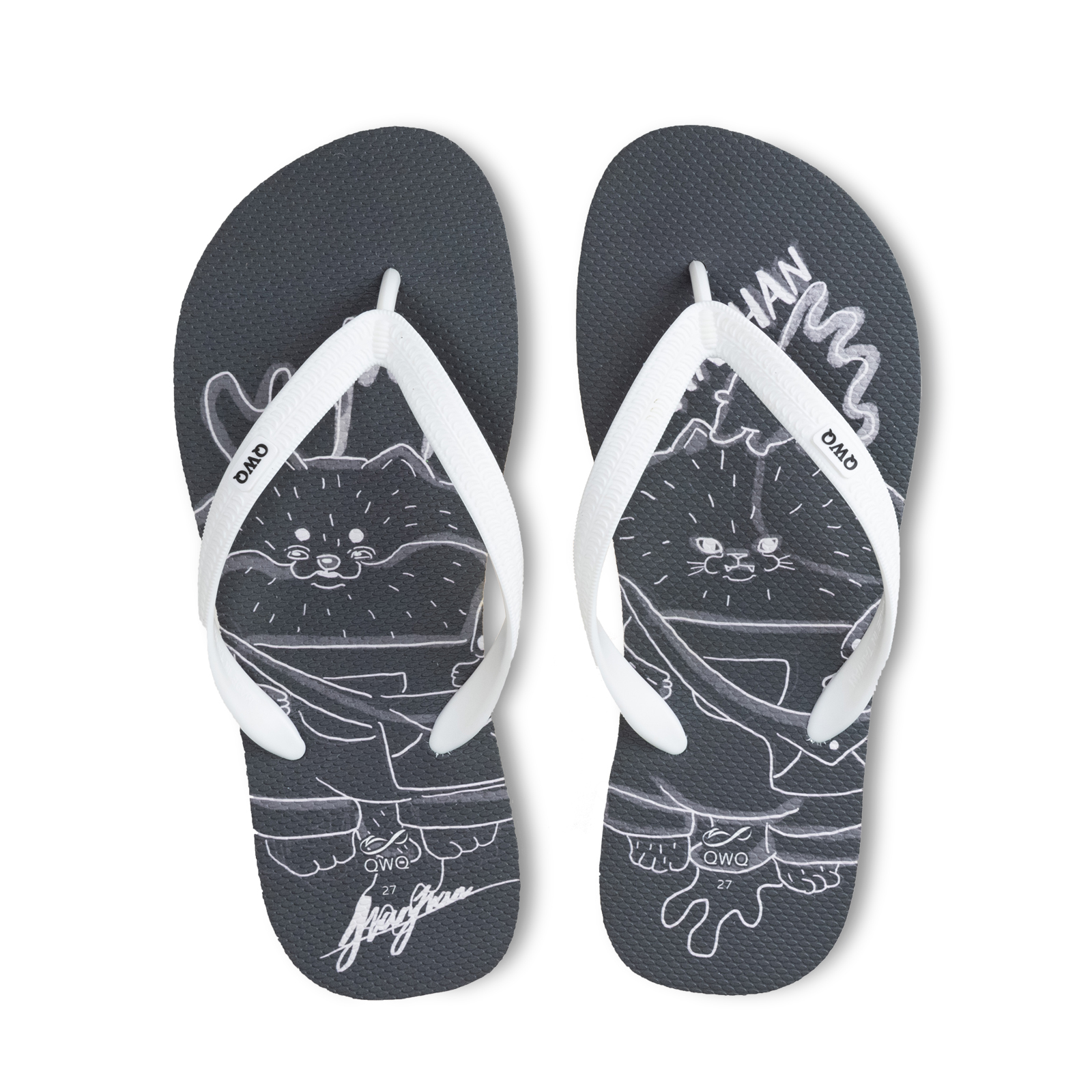 憨憨動物園 半夜去郊遊 男款粗帶人字夾腳拖鞋 牛奶白