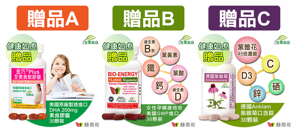 赫而司0128-0215健康如虎全館滿額贈好禮：【靈活有感】金巧藻油DHA Plus、【活力有感】新元氣綜合錠、【防禦有感】德國紫錐菊