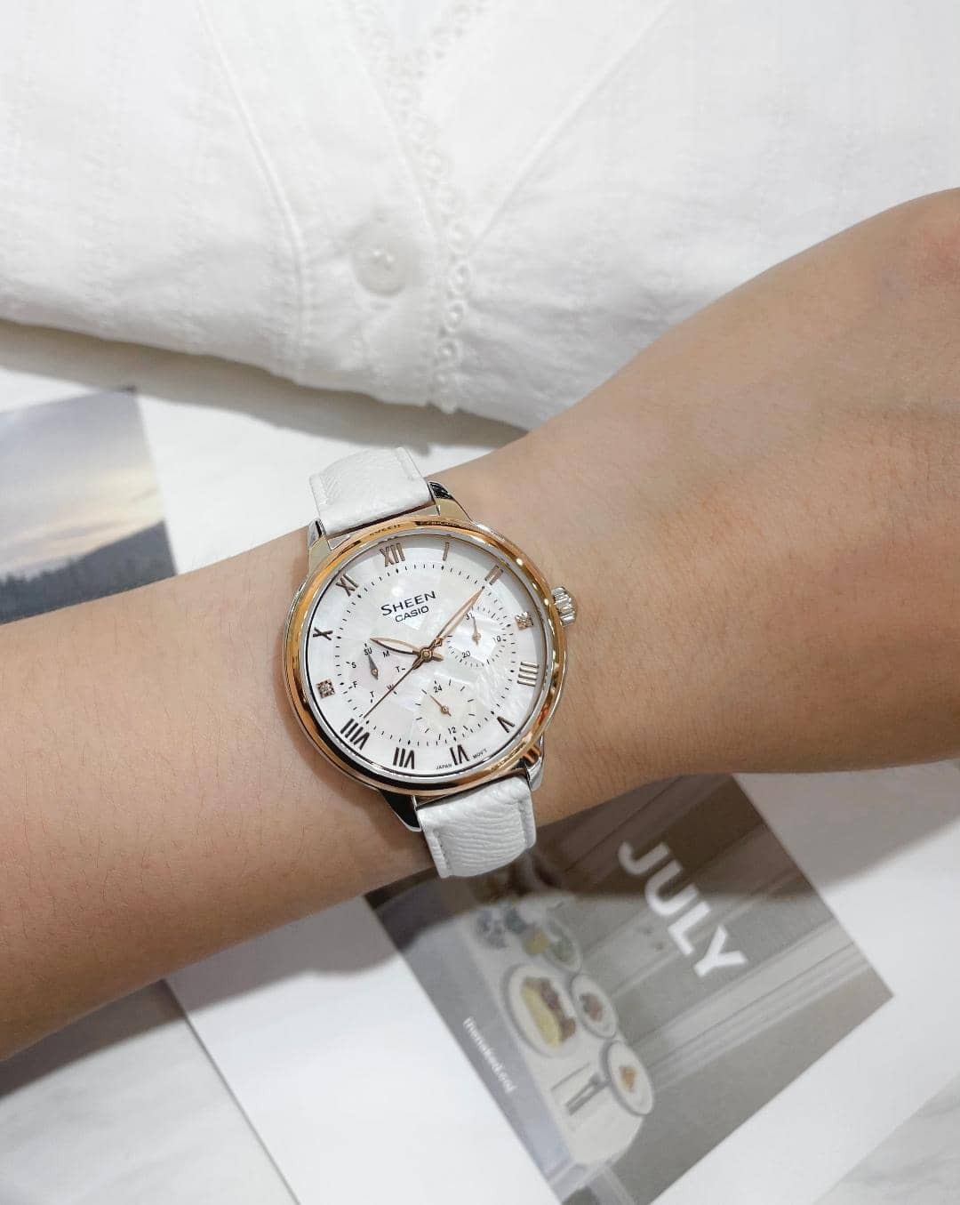 【CASIO 卡西歐】SHEEN 系列 珍珠母貝璀璨奢華 白錶帶 SHE-3057PGL-7A  35mm 現代鐘錶