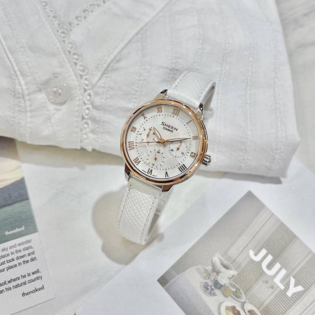 【CASIO 卡西歐】SHEEN 系列 珍珠母貝璀璨奢華 白錶帶 SHE-3057PGL-7A  35mm 現代鐘錶