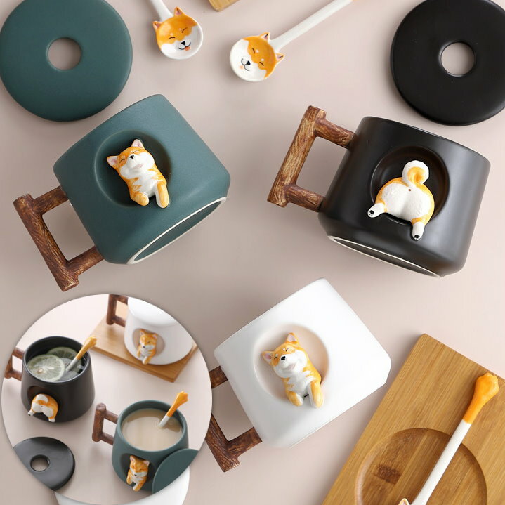 日式3D柴犬頭柴犬尾杯套裝(杯+杯蓋+匙羹)