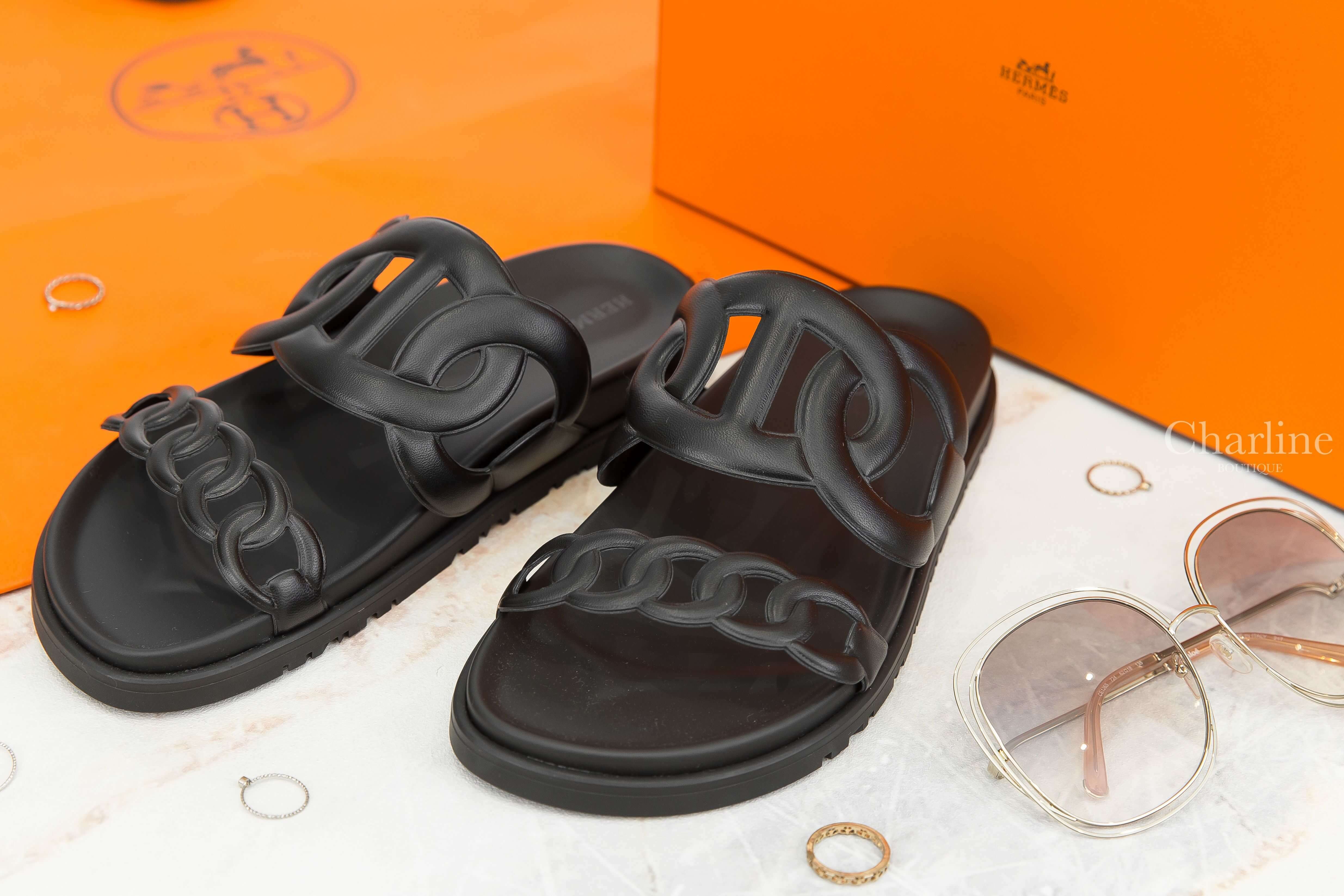 Hermès Extra Sandal 黑色θ牛皮平底拖鞋-Charline Boutique 精品代購