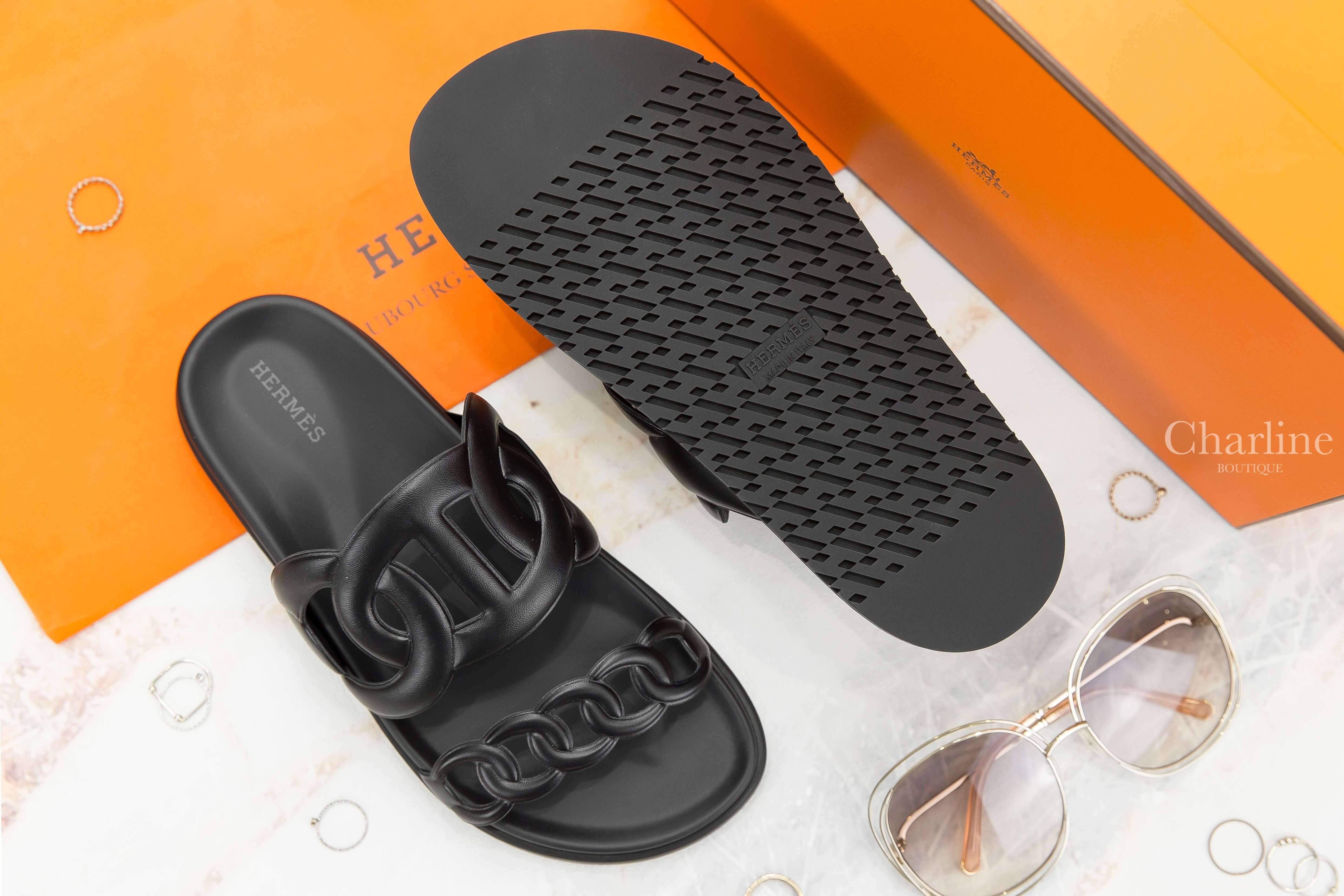 Hermès Extra Sandal 黑色θ牛皮平底拖鞋-Charline Boutique 精品代購