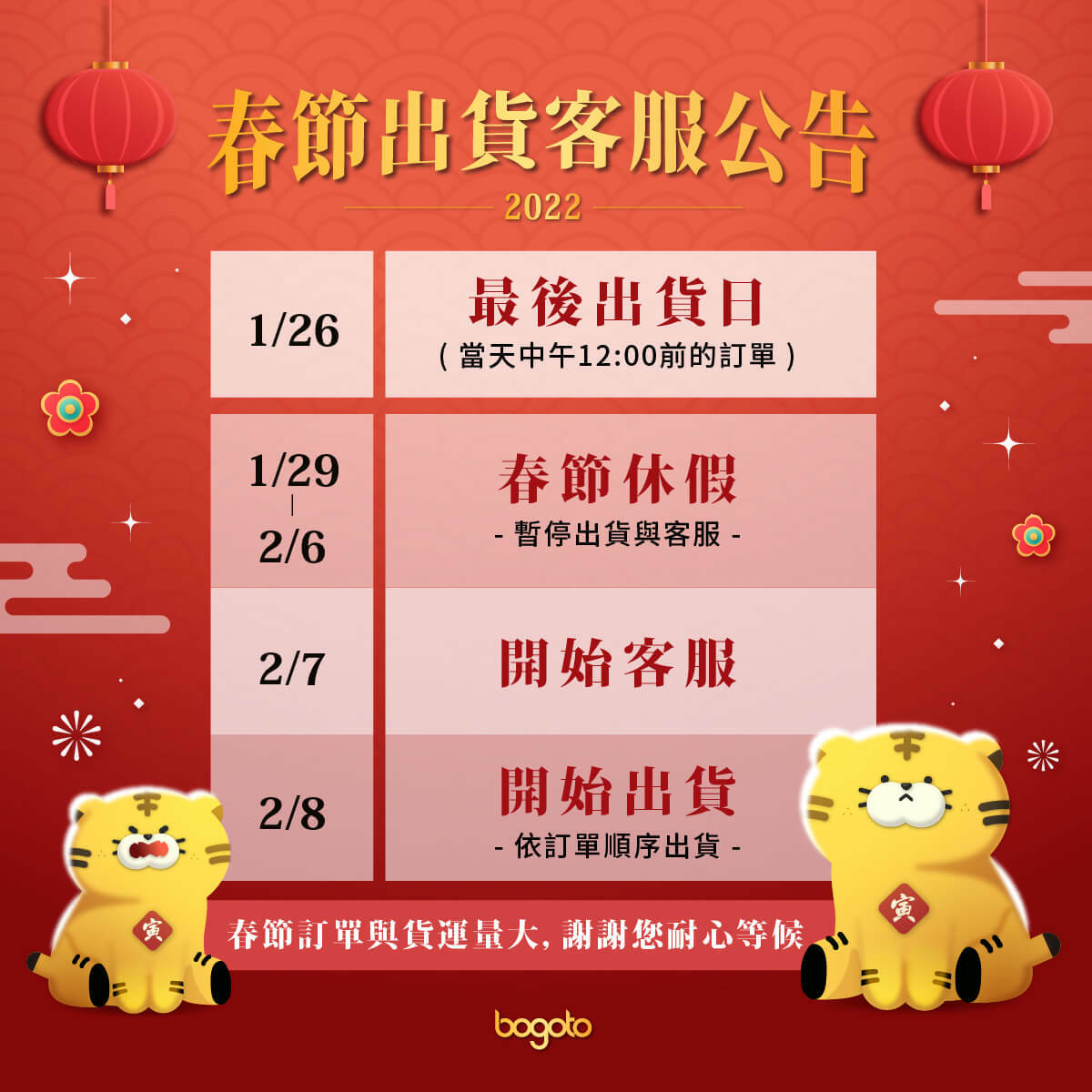 春節期間暫停出貨，將於2/8開始依訂單陸續出貨