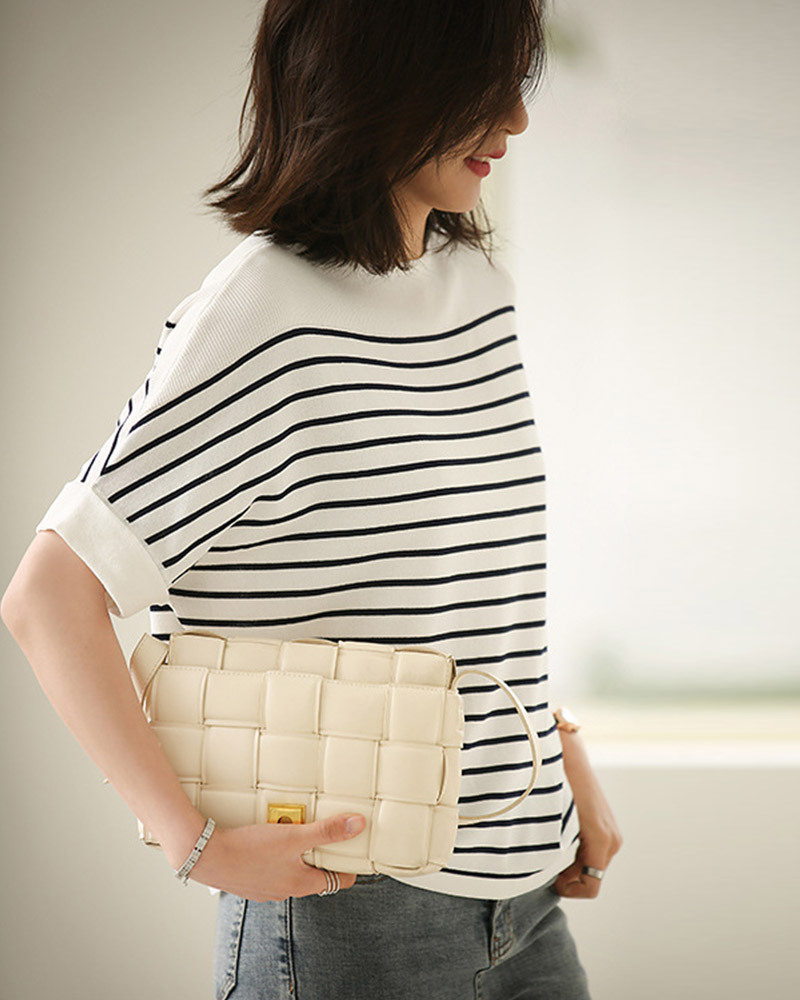 DEER.W 一字領落肩條紋針織上衣 藏青