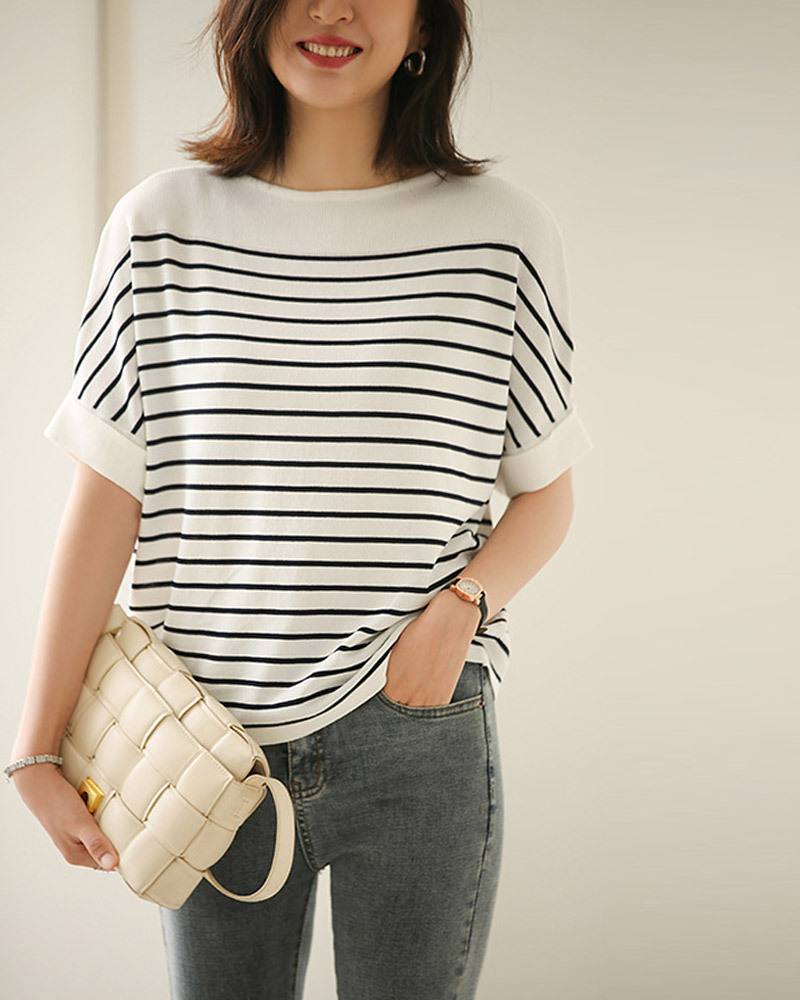 DEER.W 一字領落肩條紋針織上衣 藏青