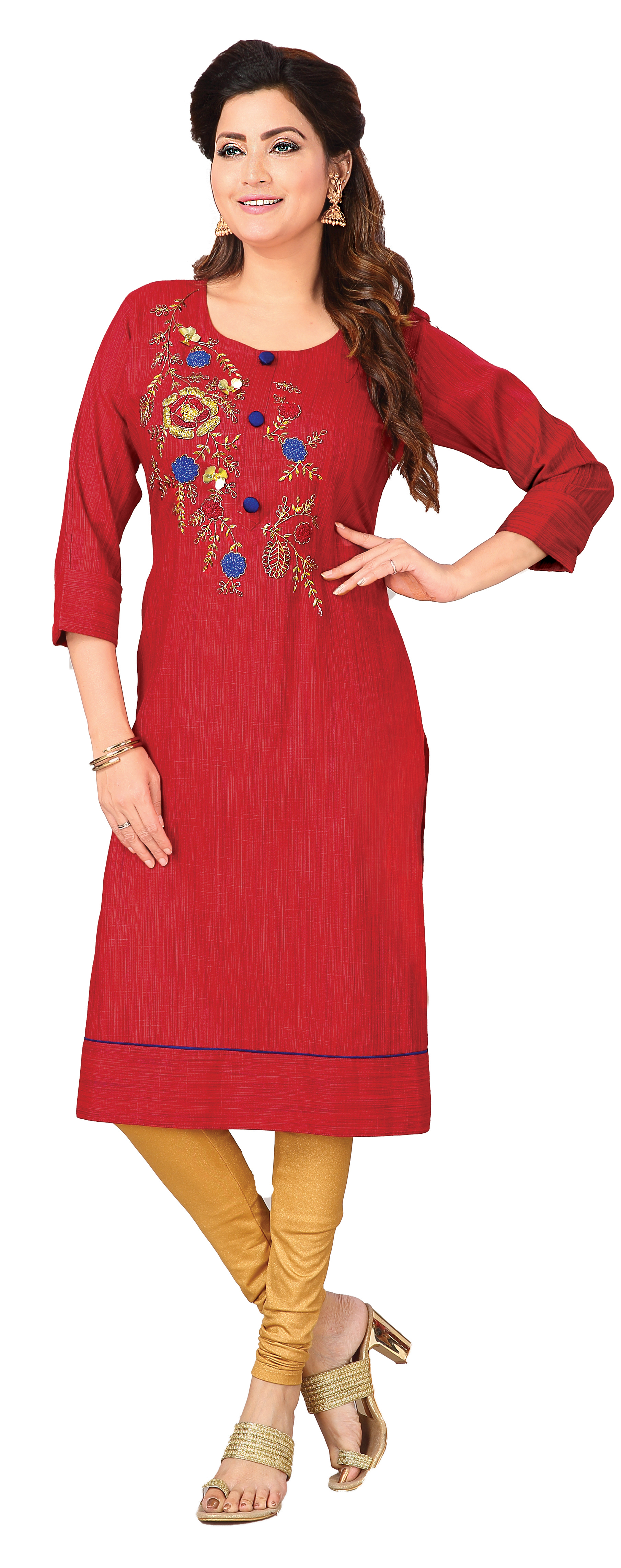 Women Long Top Red With Flowers and Blue Strip Q1335