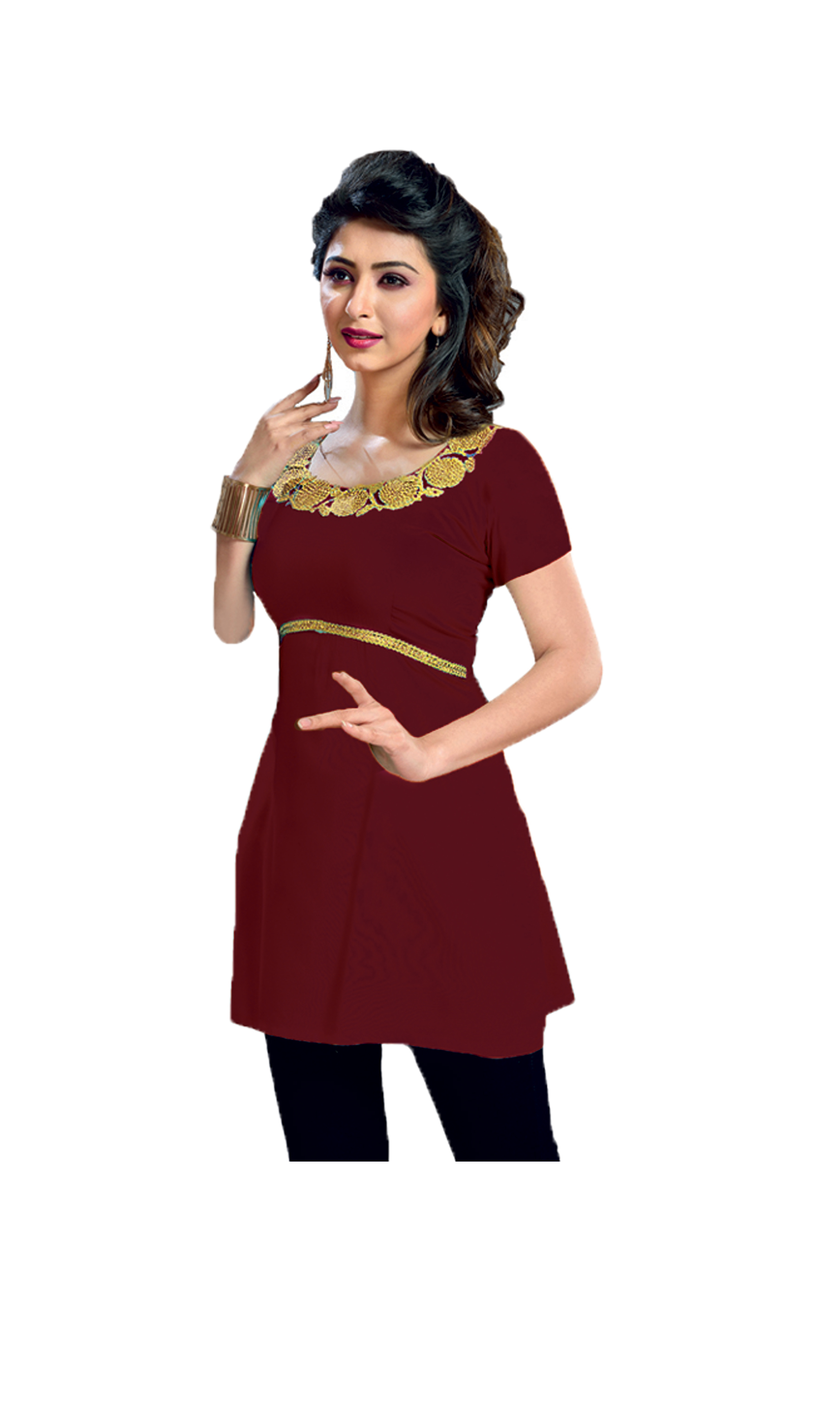 Women Jippa Maroon Color With Golden Easy Care Short Sleeve Long Kurti Top Strip Design Q0813
