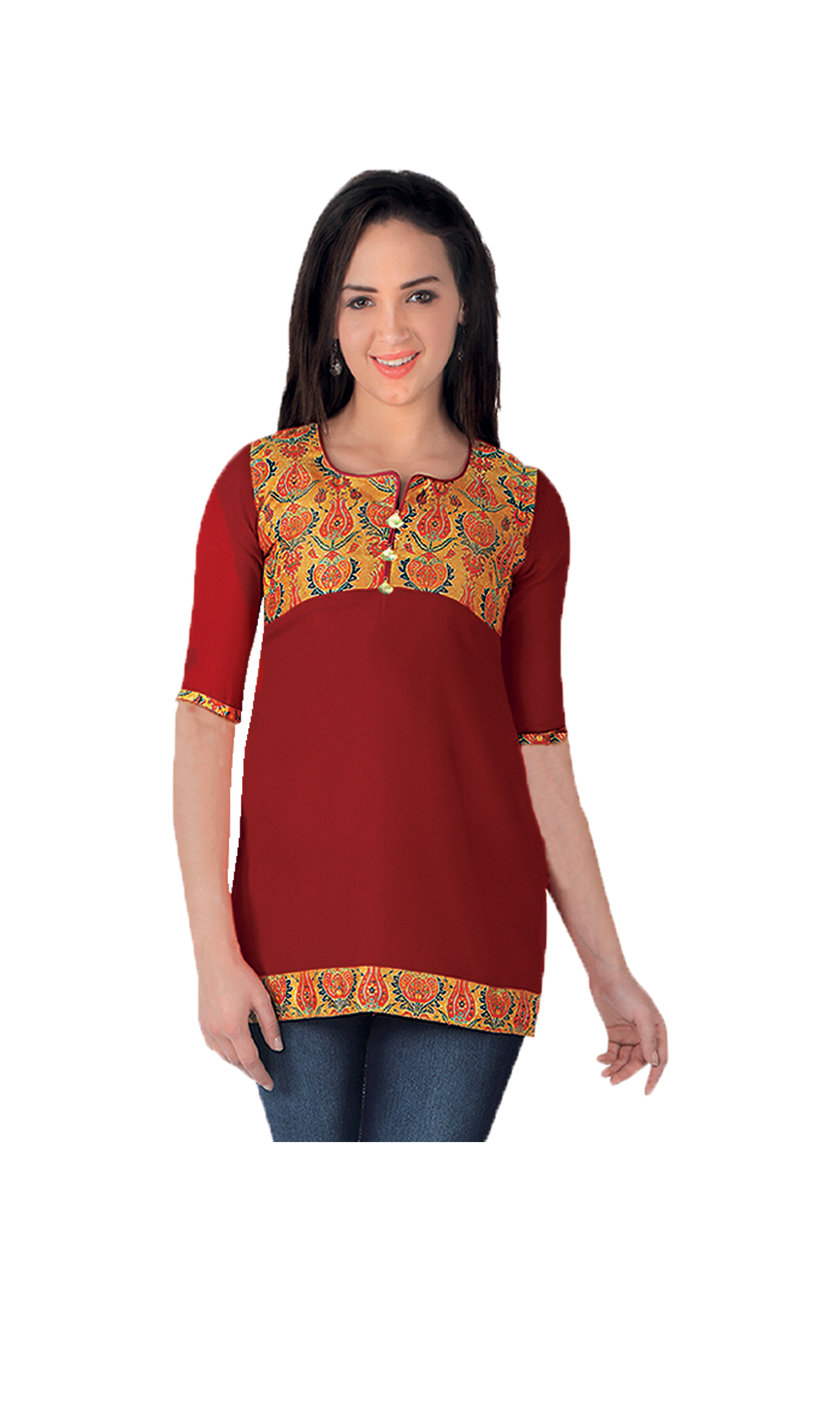 Women Jippa Red Color With Pattern Short Sleeve Long Kurti Top Strip Design Q0905