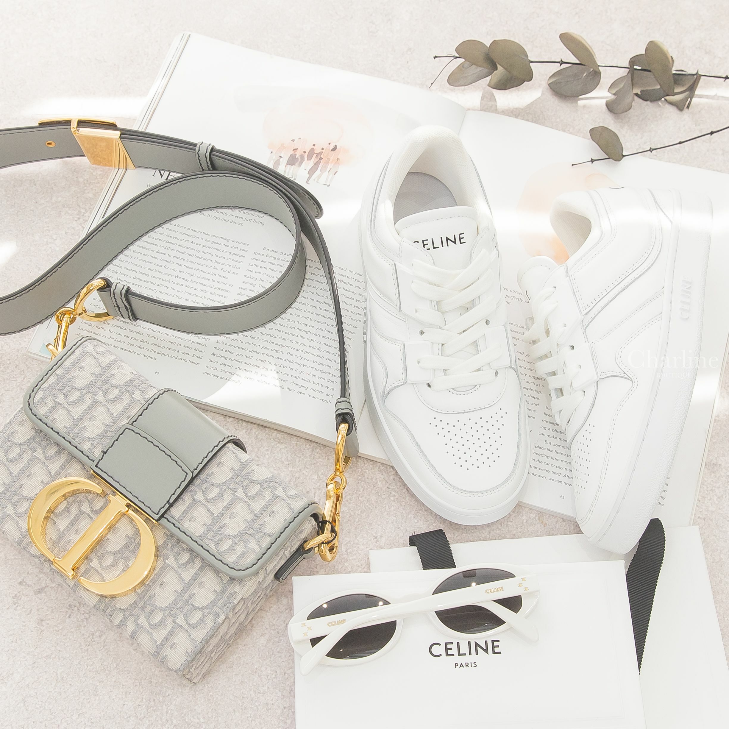 Celine Trainer 光學白黑字小牛皮低筒運動鞋,Celine Sunglasses 白色橢圓框側邊金色凱旋門字母太陽眼鏡,Dior Montaigne 灰色復古帆布金釦皮革背帶迷你蒙田肩背包-Charline Boutique 精品代購