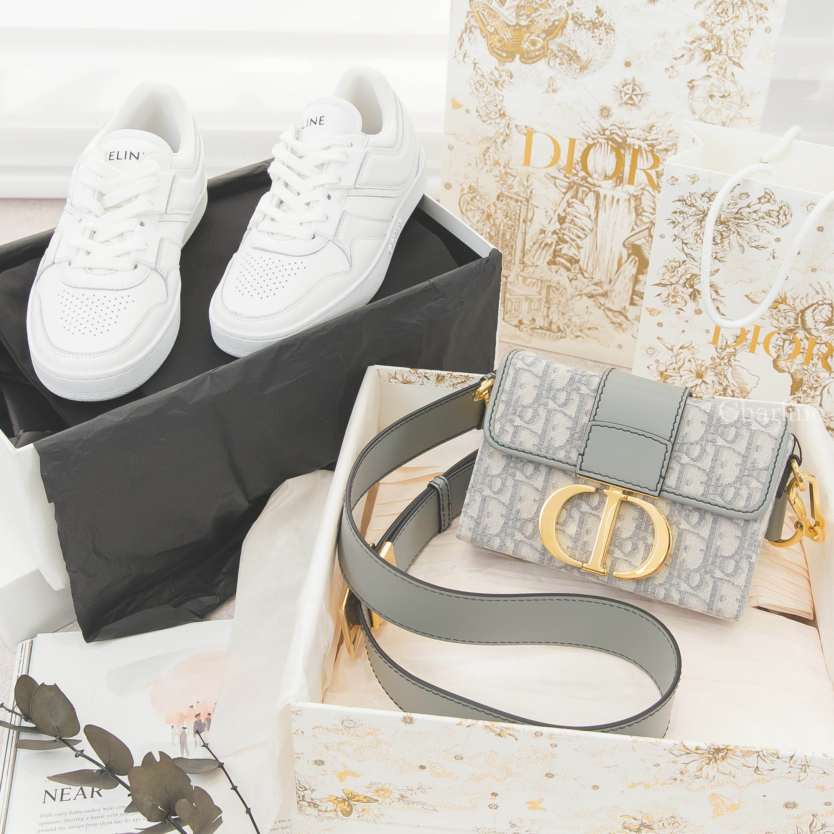 Celine Trainer Low Lace-up Sneaker 光學白黑字小牛皮低筒運動鞋,Dior 30 Montaigne Box Bag 灰色復古帆布金釦皮革背帶迷你蒙田肩背包-Charline Boutique 精品代購
