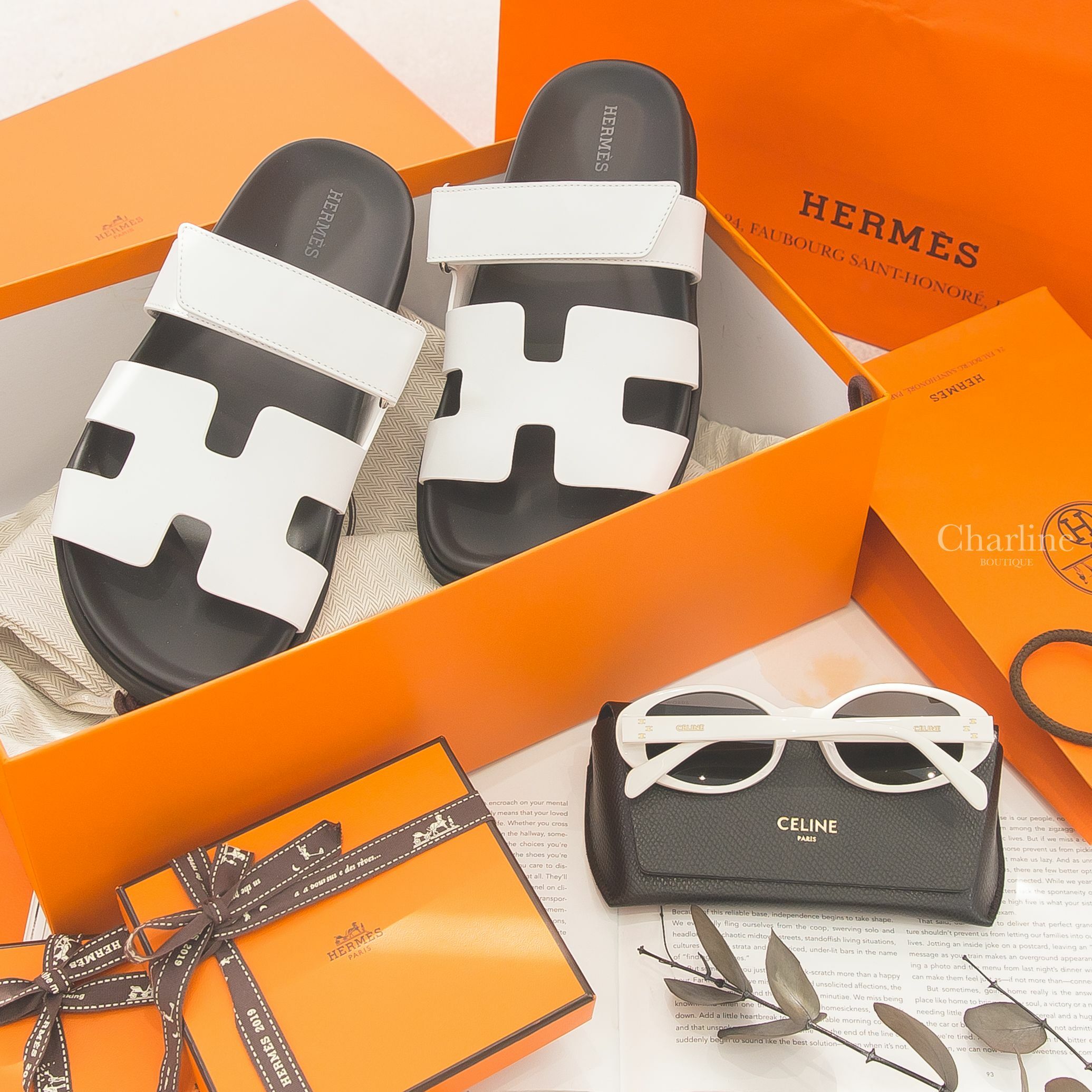 Hermès Chypre Sandal 白色小牛皮黑底魔鬼氈橡膠平底拖鞋,Celine Sunglasses 白色橢圓框側邊金色凱旋門字母太陽眼鏡-Charline Boutique 精品代購
