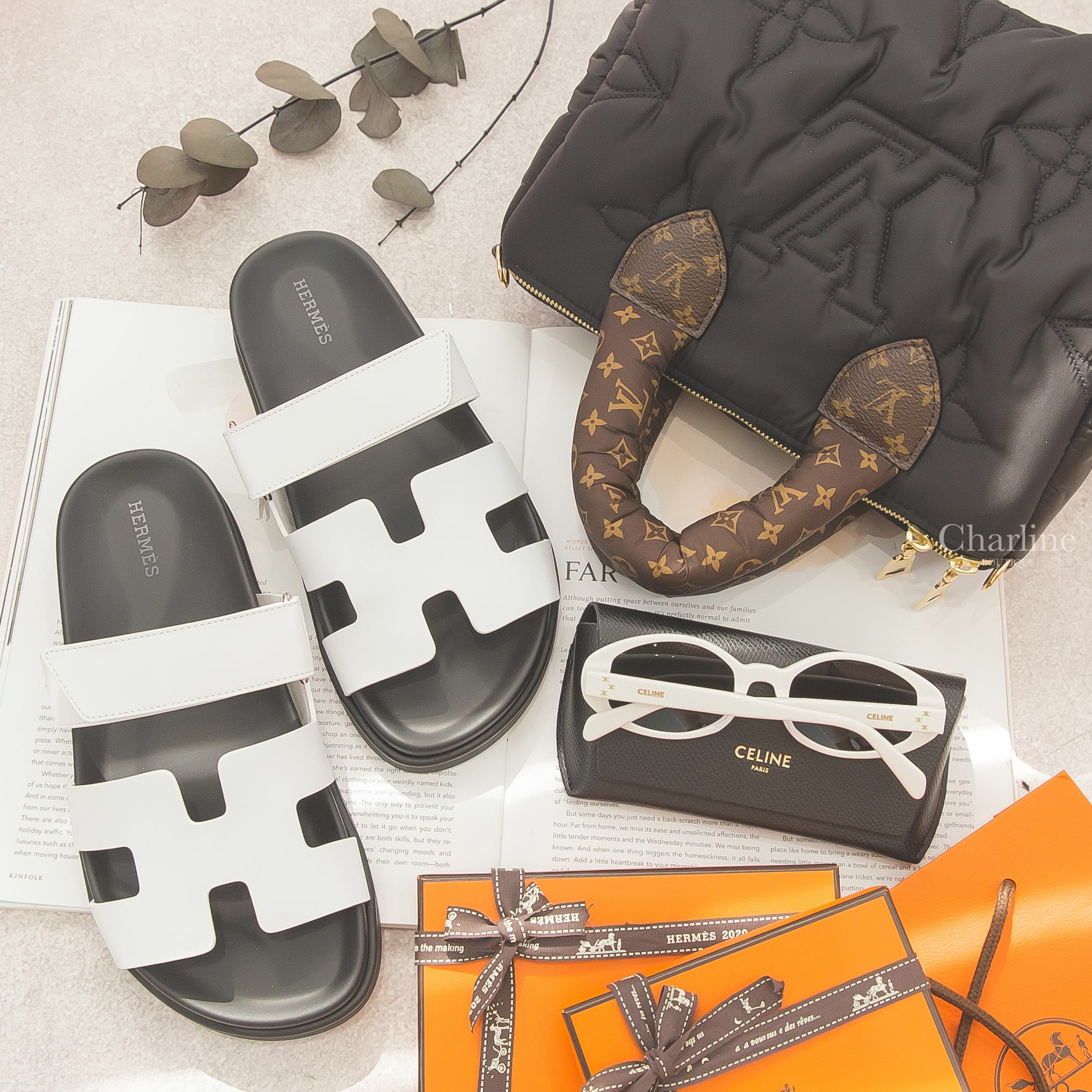 Hermès 白色小牛皮黑底魔鬼氈橡膠平底拖鞋,Celine 白色橢圓框側邊金色凱旋門字母太陽眼鏡,Louis Vuitton 黑色再生尼龍咖啡色老花提把雙色帆布寬背帶手提肩背包-Charline Boutique 精品代購