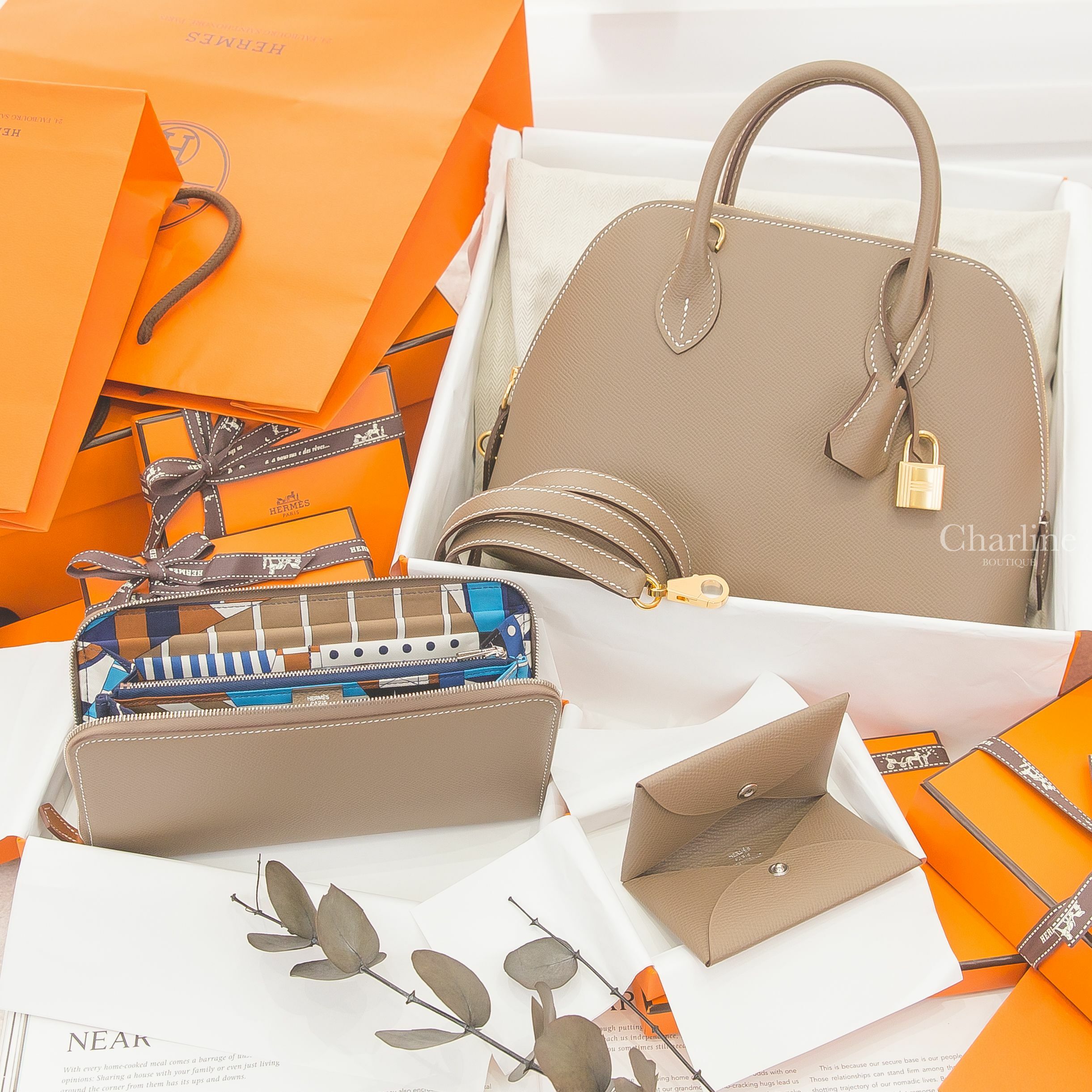 Hermès Silk'in Wallet 大象灰絲巾長夾,Hermès Bolide 25cm Epsom 大象灰金釦,Hermès Card Holder 大象灰卡片夾-Charline Boutique 精品代購