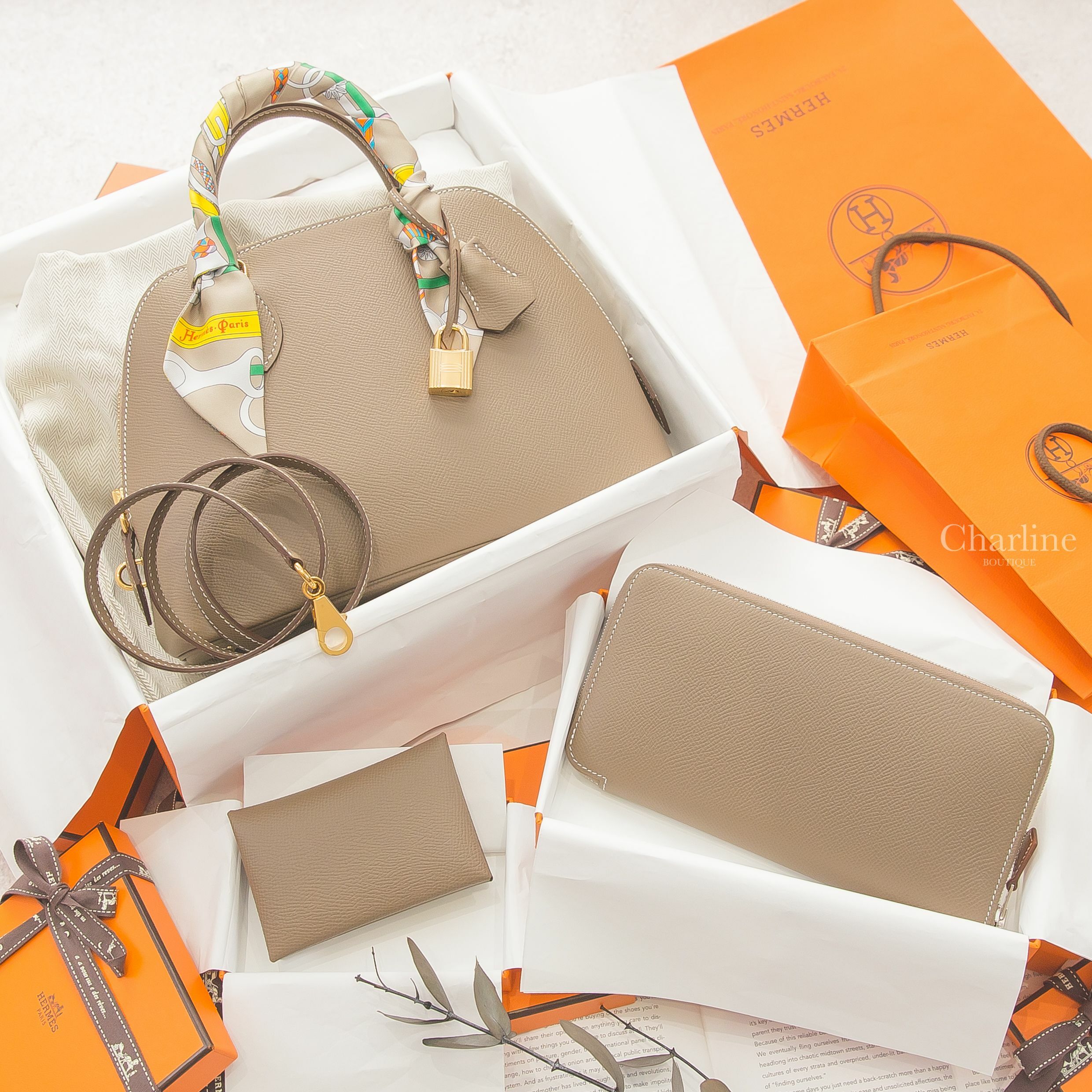 Hermès Silk'in Wallet 大象灰絲巾長夾,Hermès Bolide 25cm Epsom 大象灰金釦,Hermès Card Holder 大象灰卡片夾-Charline Boutique 精品代購