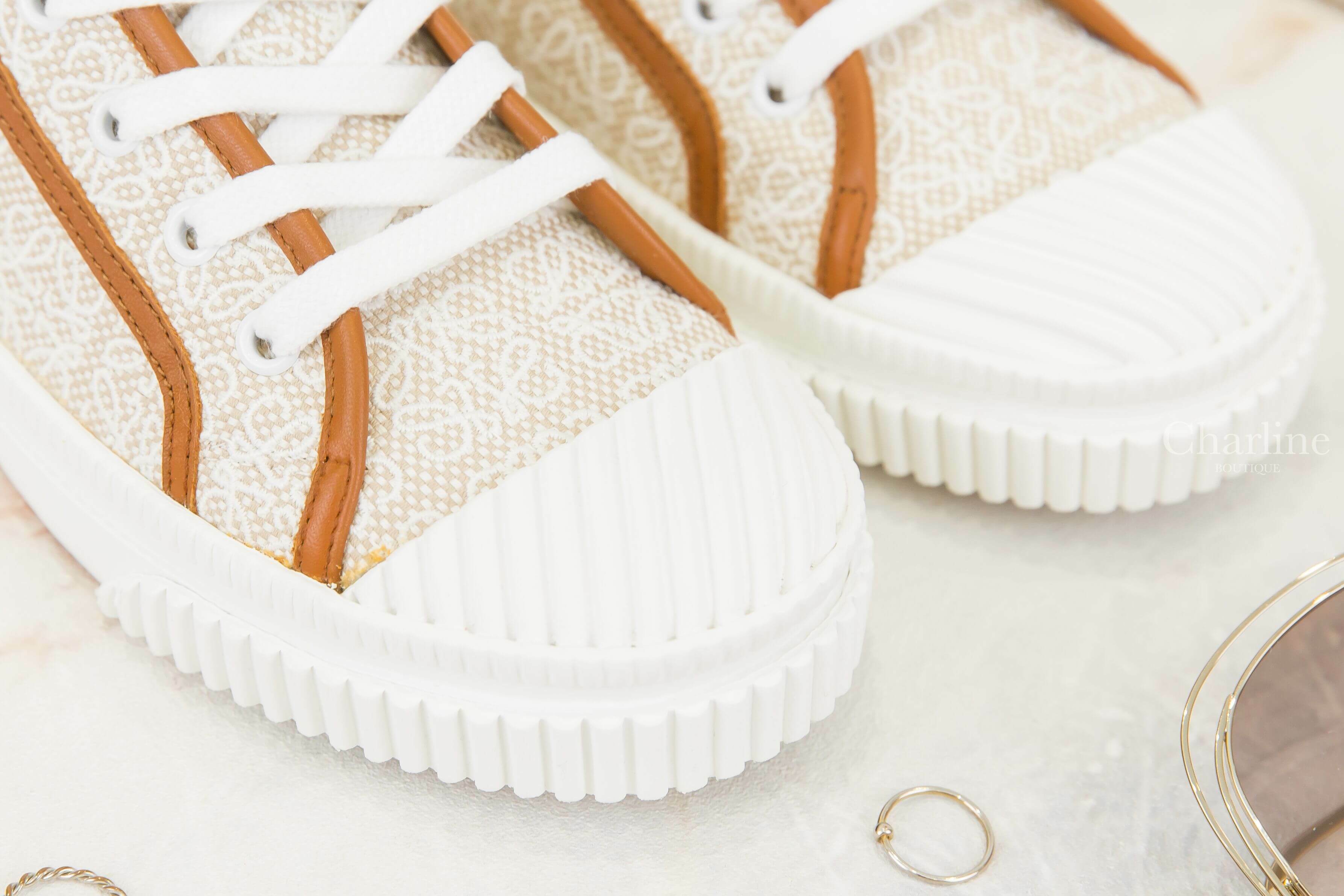 Loewe Anagram High Top Sneaker In Canvas 白色刺繡帆布提花拼自然色滾邊高筒運動鞋