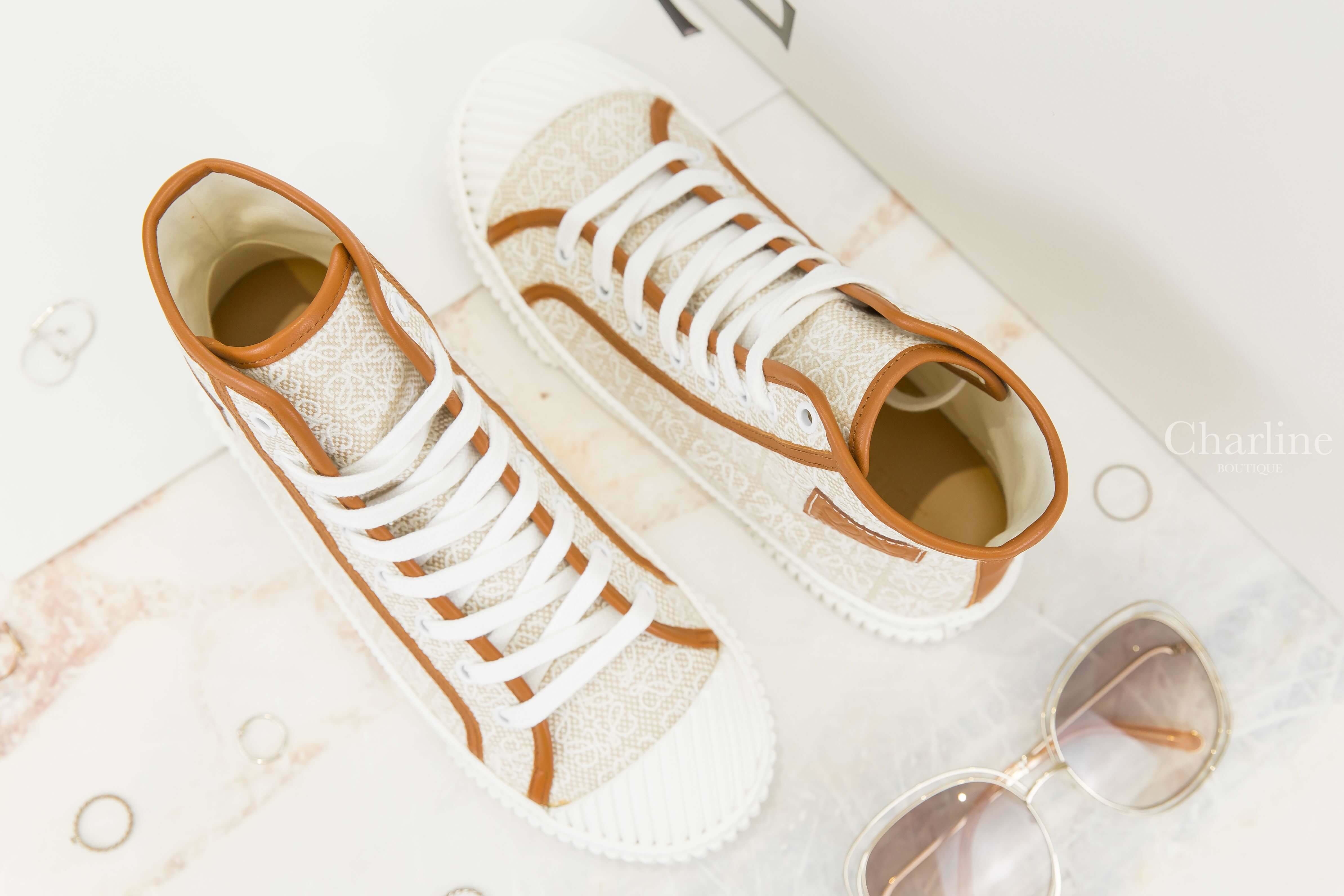 Loewe Anagram High Top Sneaker In Canvas 白色刺繡帆布提花拼自然色滾邊高筒運動鞋-Charline Boutique 精品代購