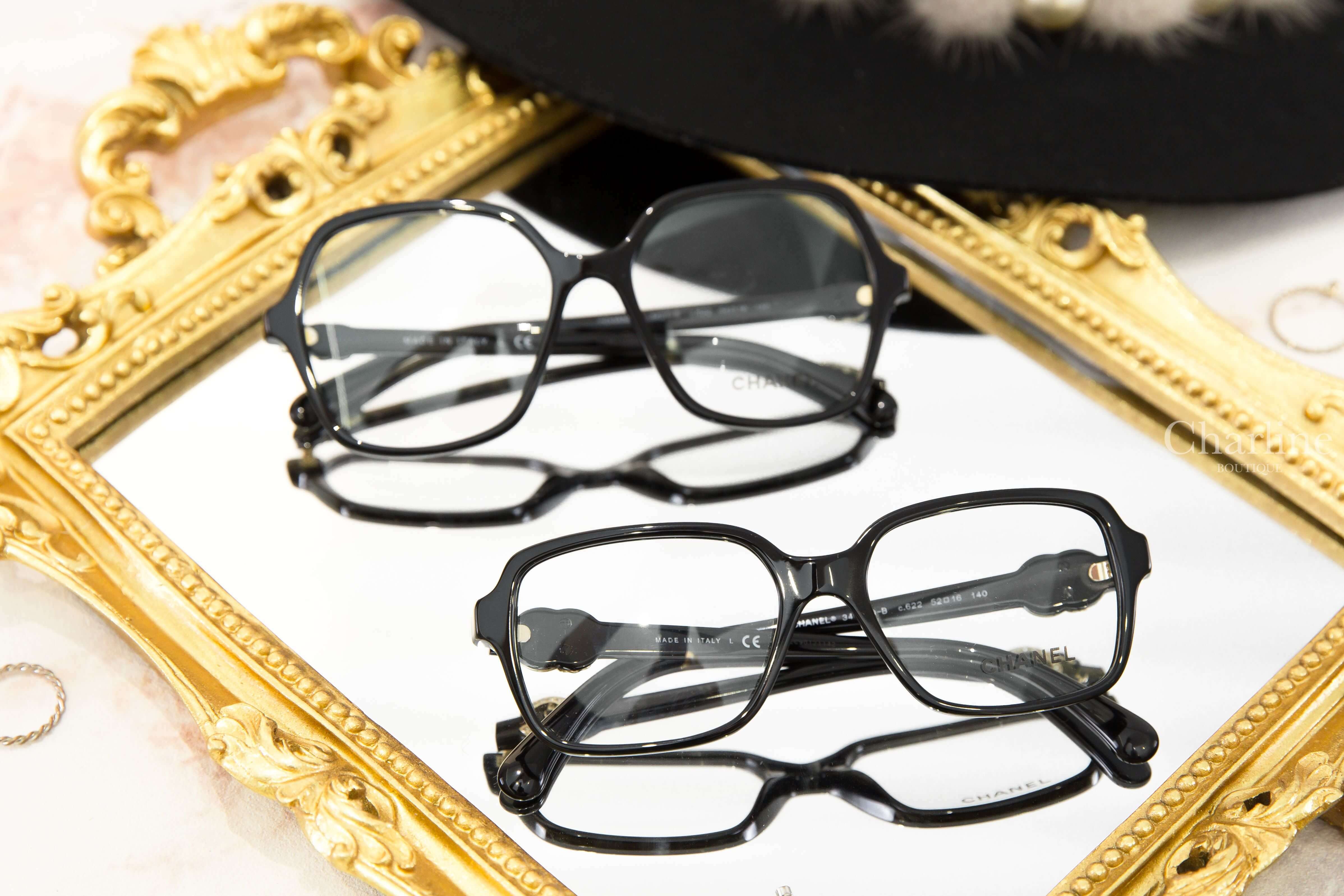 Chanel Square Eyeglasses 黑色側邊黑金水鑽皮穿鍊CC中型方框平光眼鏡,Chanel Butterfly Sunglasses 黑色蝴蝶形側邊黑金水鑽皮穿鍊CC平光眼鏡-Charline Boutique 精品代購