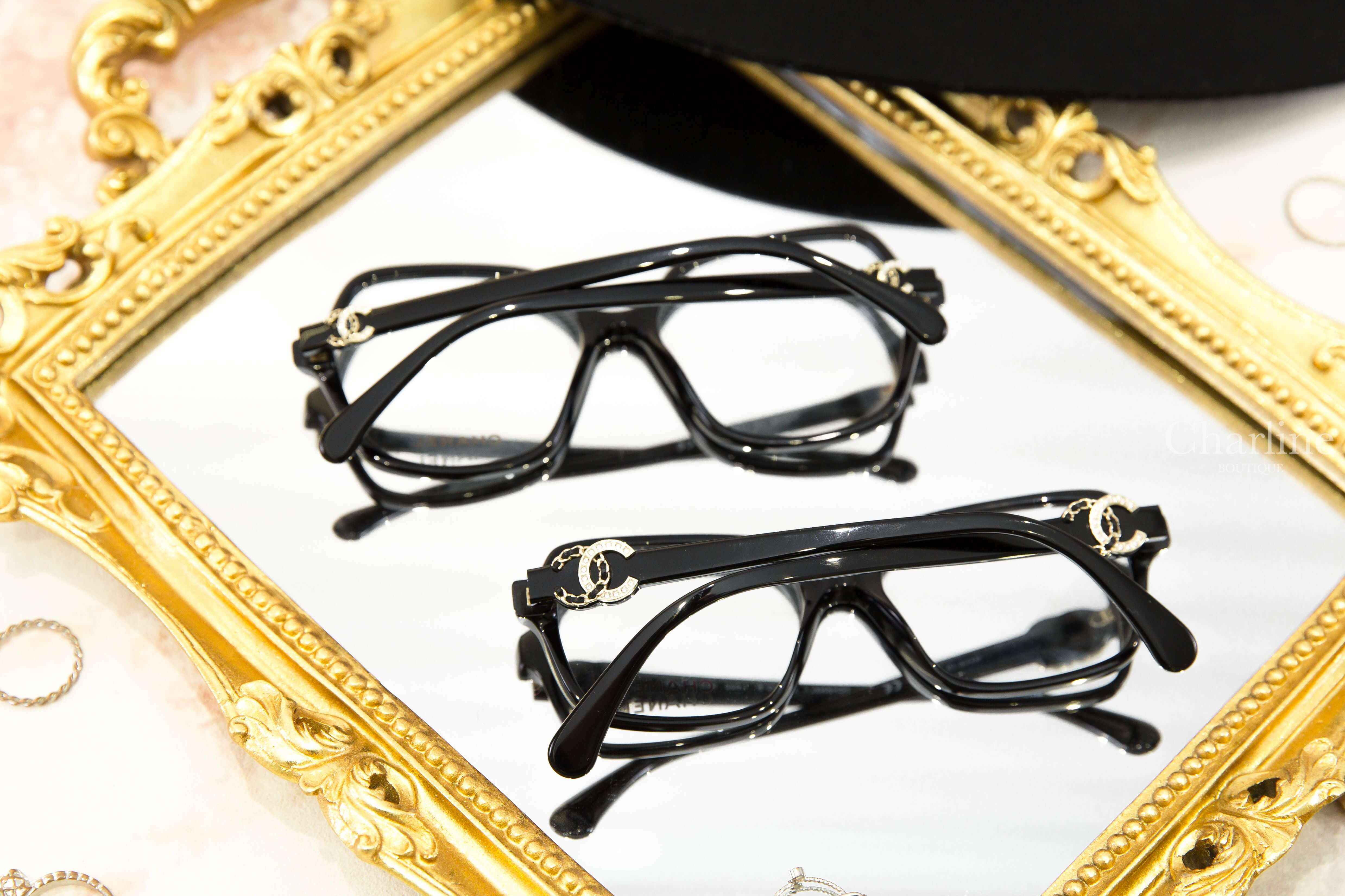 Chanel Square Eyeglasses 黑色側邊黑金水鑽皮穿鍊CC中型方框平光眼鏡,Chanel Butterfly Sunglasses 黑色蝴蝶形側邊黑金水鑽皮穿鍊CC平光眼鏡-Charline Boutique 精品代購
