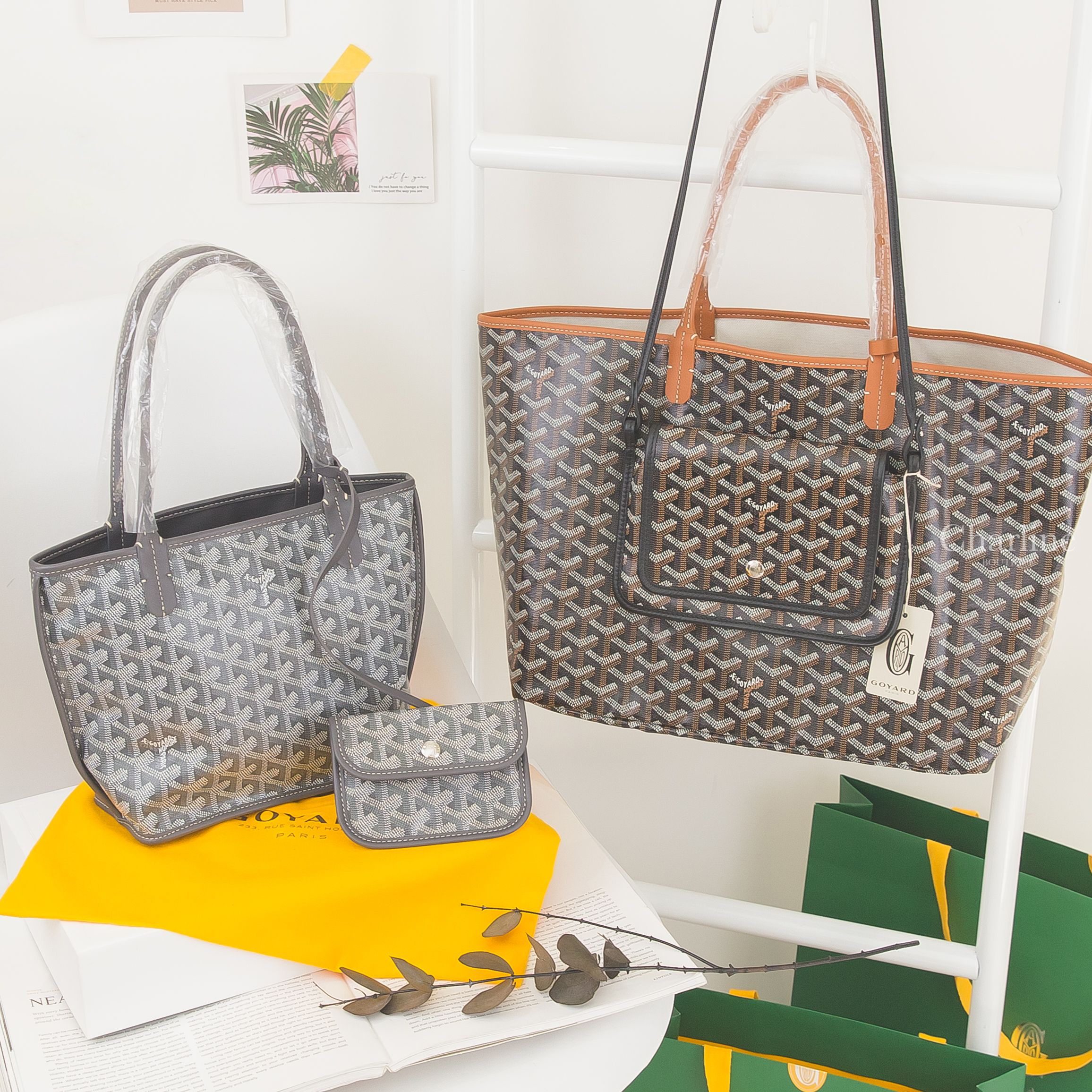 Goyard PM Tote Bag 黑色拼咖啡色滾邊提把小型無拉鍊托特包,Goyard Mini Tote Bag 灰色灰提把迷你無拉鍊托特包,Goyard Pochette Plu 黑色牛皮肩背包-Charline Boutique 精品代購