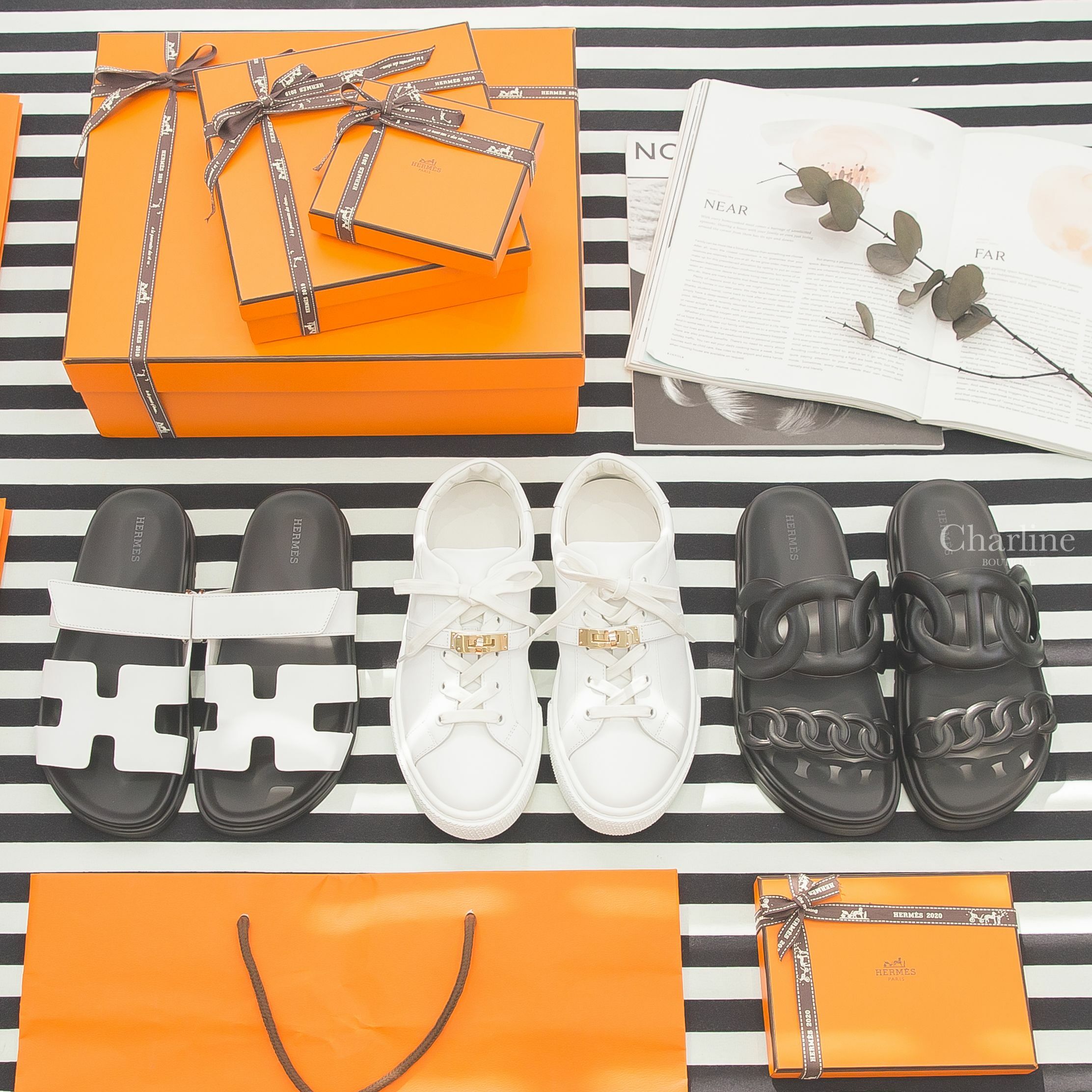 Hermès Extra Sandal 黑色θ牛皮平底拖鞋,Hermès Chypre Sandal 白色小牛皮黑底魔鬼氈橡膠平底拖鞋,Hermès Day Sneaker 白色金釦小牛皮運動鞋-Charline Boutique 精品代購