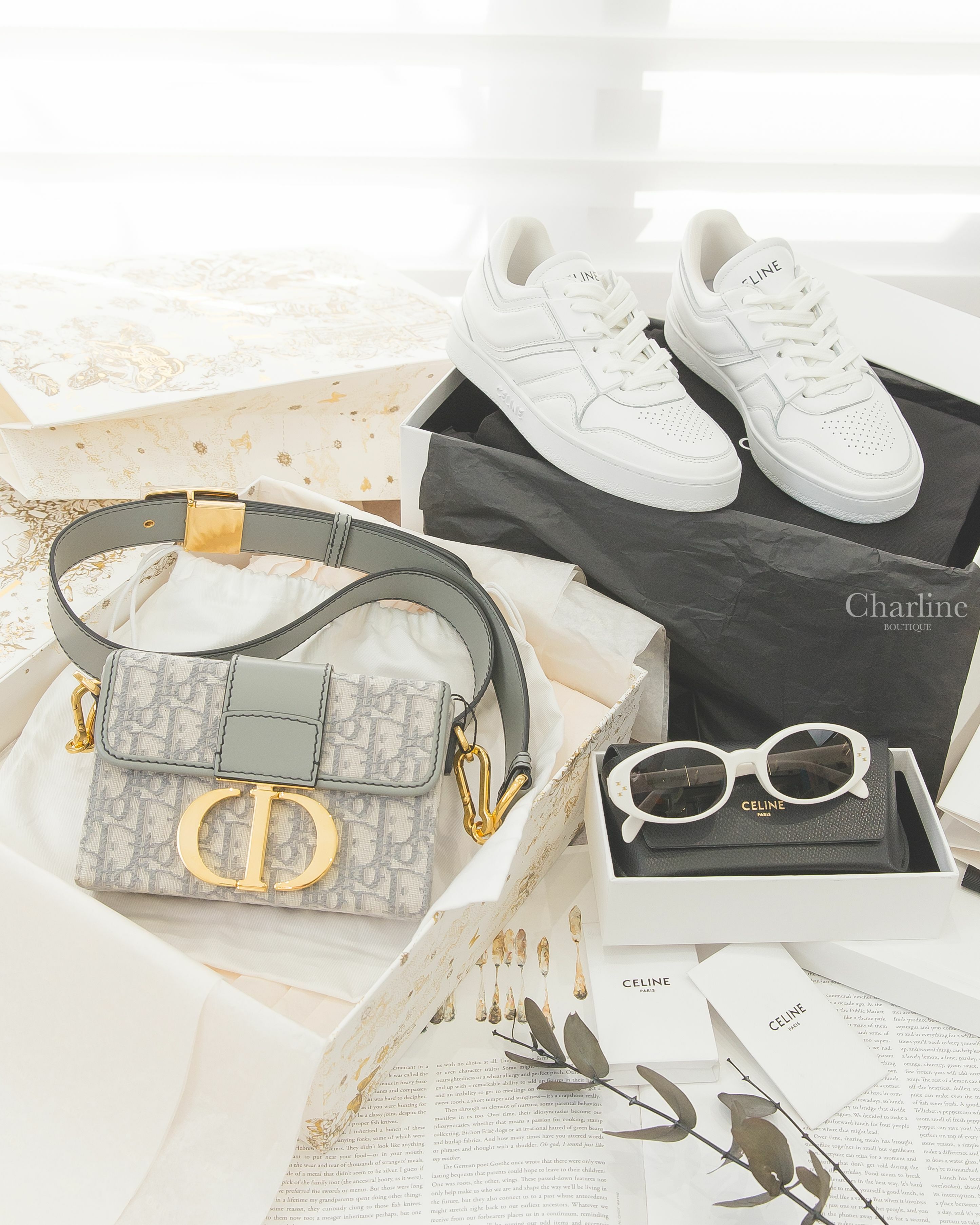 Celine Trainer 光學白黑字小牛皮低筒運動鞋,Celine Sunglasses 白色橢圓框側邊金色凱旋門字母太陽眼鏡,Dior Montaigne 灰色復古帆布金釦皮革背帶迷你蒙田肩背包-Charline Boutique 精品代購