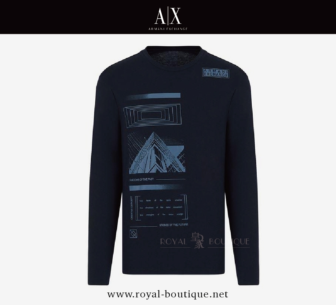 【Armani Exchange】右側大面積幾何英字印刷薄長T