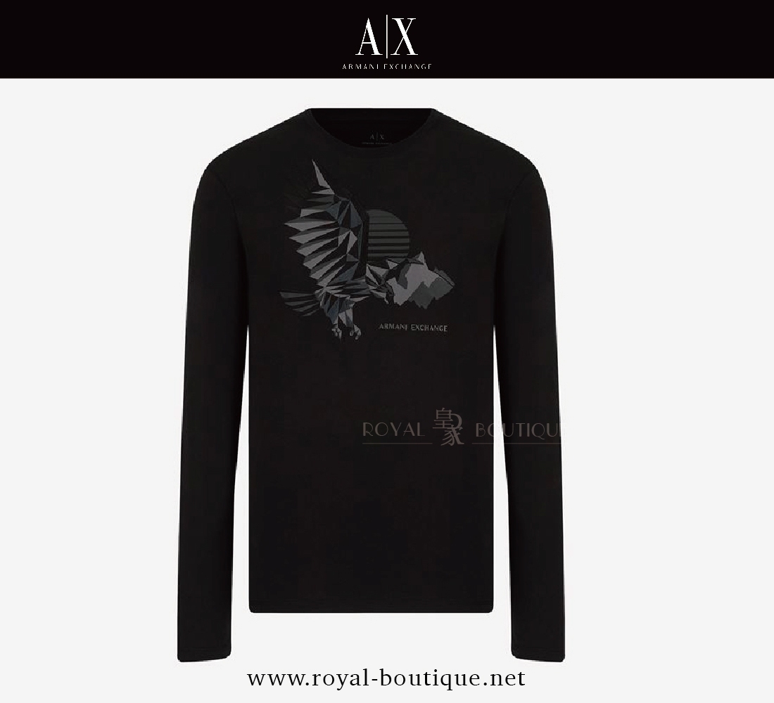 【Armani Exchange】老鷹印花刺繡拼接薄長T