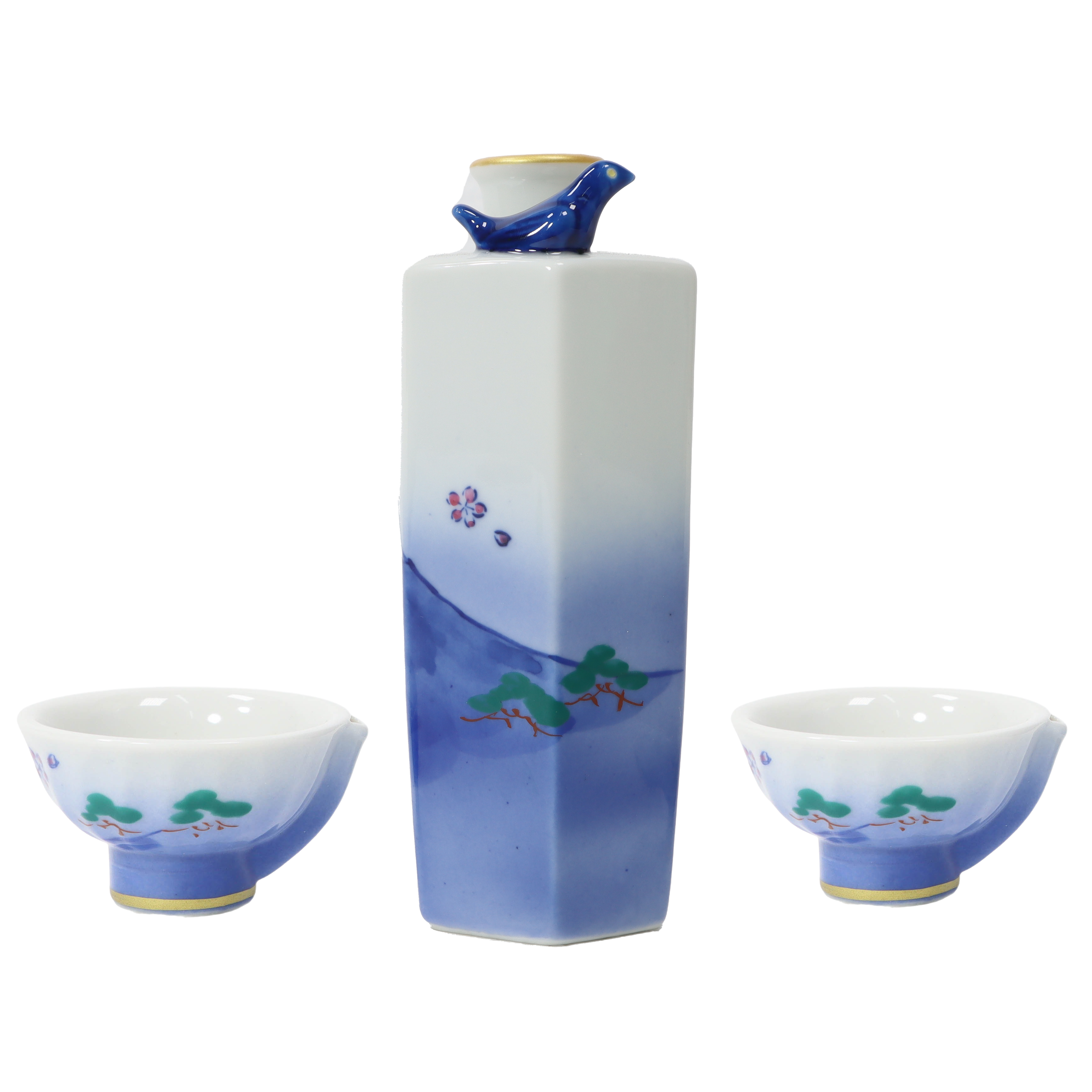 手繪(富士山)鳥鳴酒具一壺兩杯