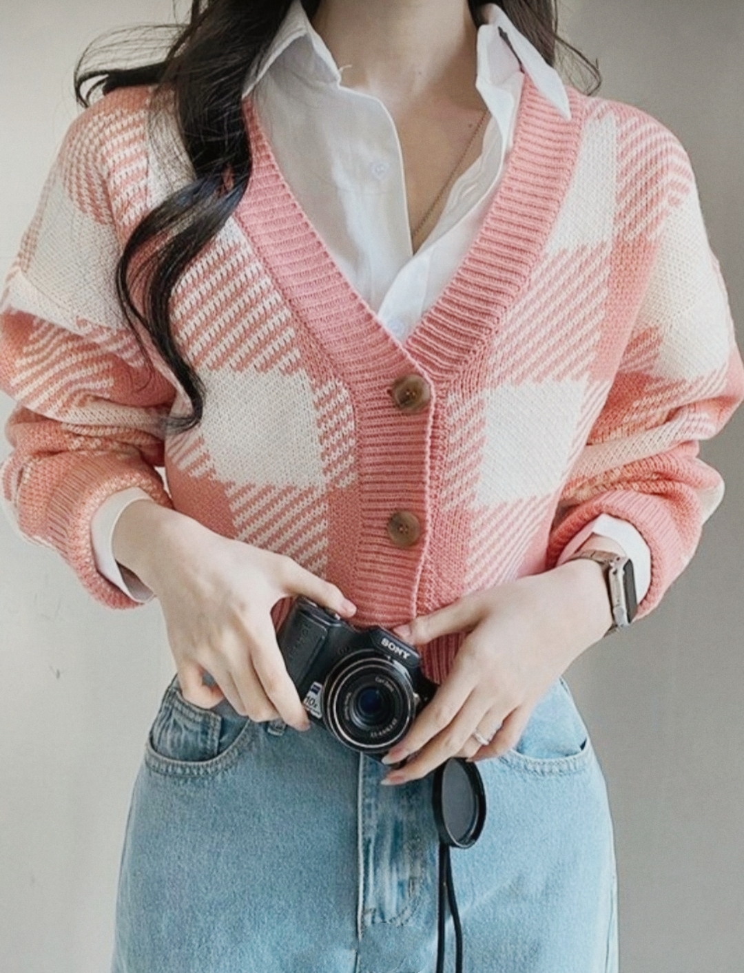 韓國製🇰🇷TP2254 馬卡龍格紋針織外套