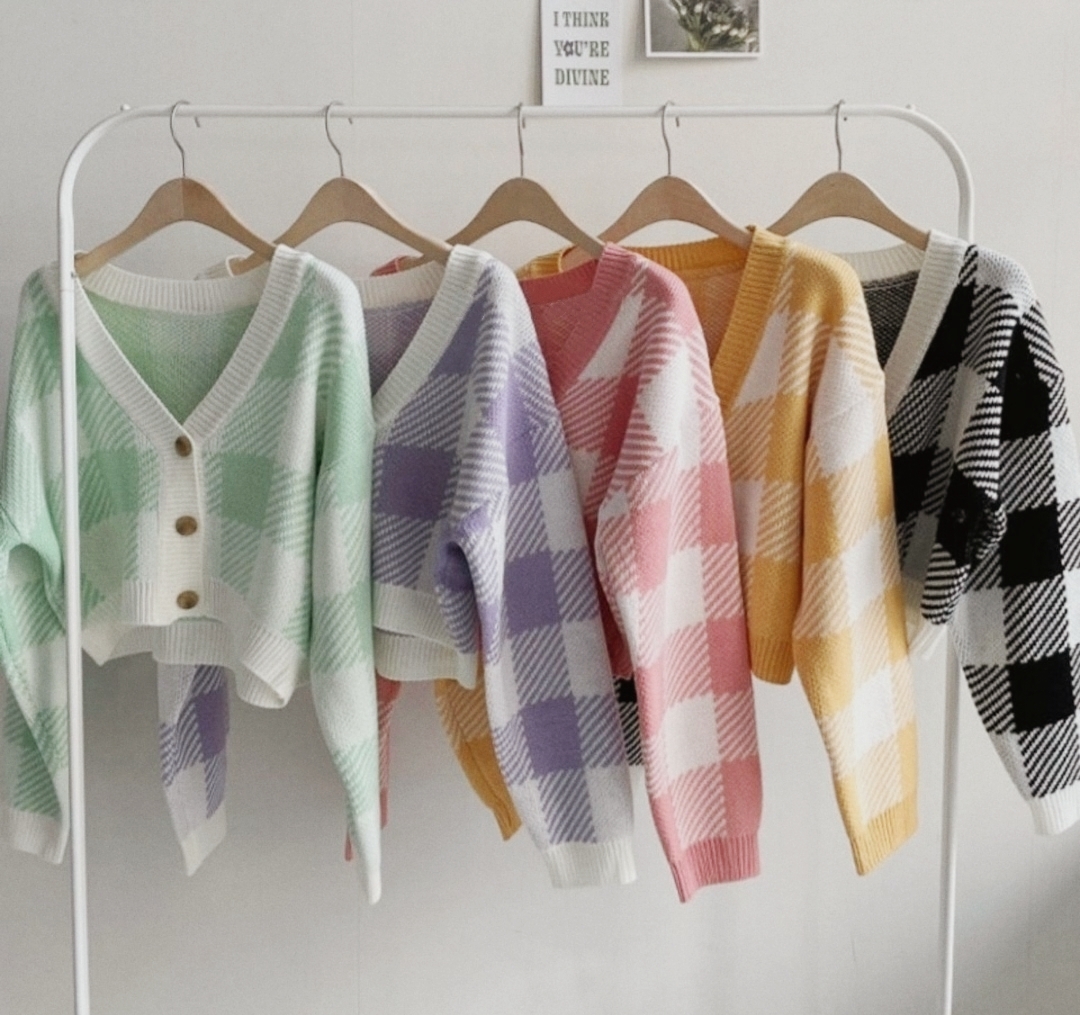 韓國製🇰🇷TP2254 馬卡龍格紋針織外套