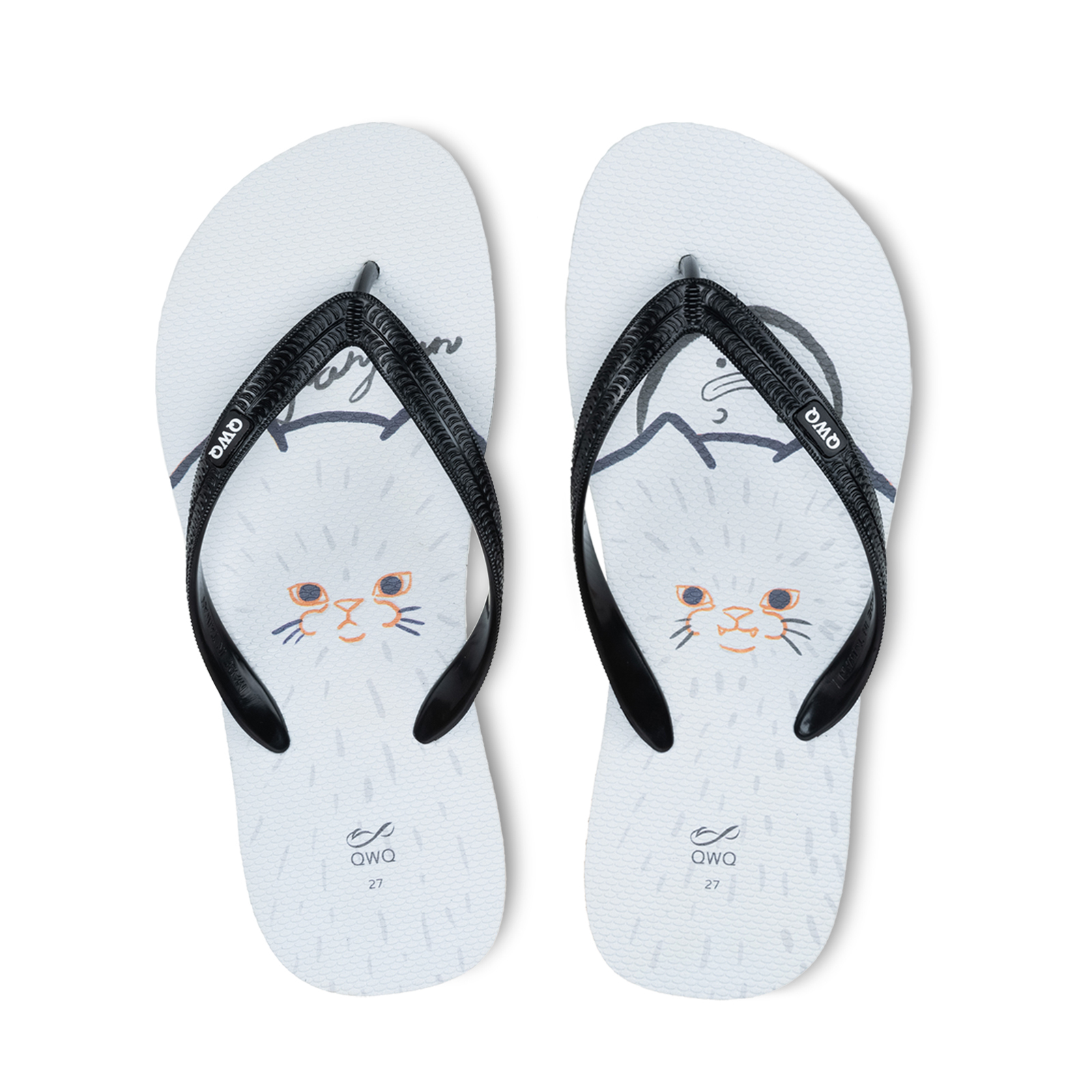 憨憨動物園 毛茸茸雪球 男款粗帶人字夾腳拖鞋 曜石黑