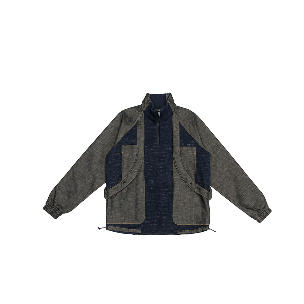 高領平行線條上衣 - 鐵綠