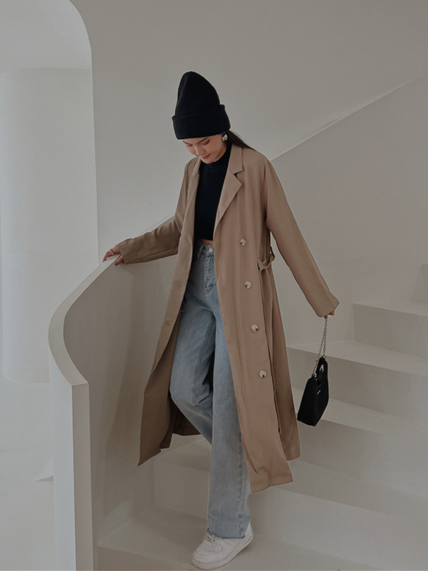 正韓-綁帶長版風衣外套*2色